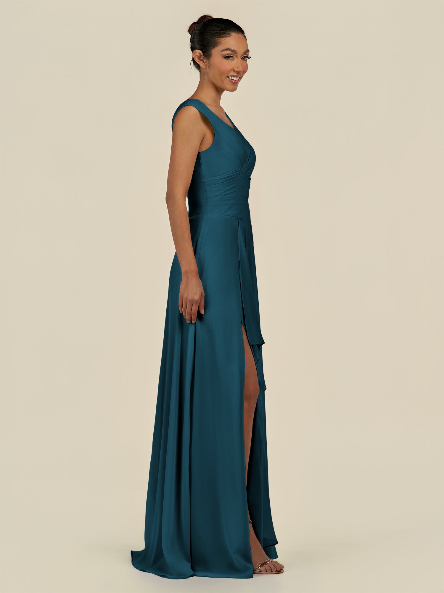 KissDress-Saphir Dark Teal A Line Chiffon V Neck Ruched Long Bridesmaid Dress with Slit