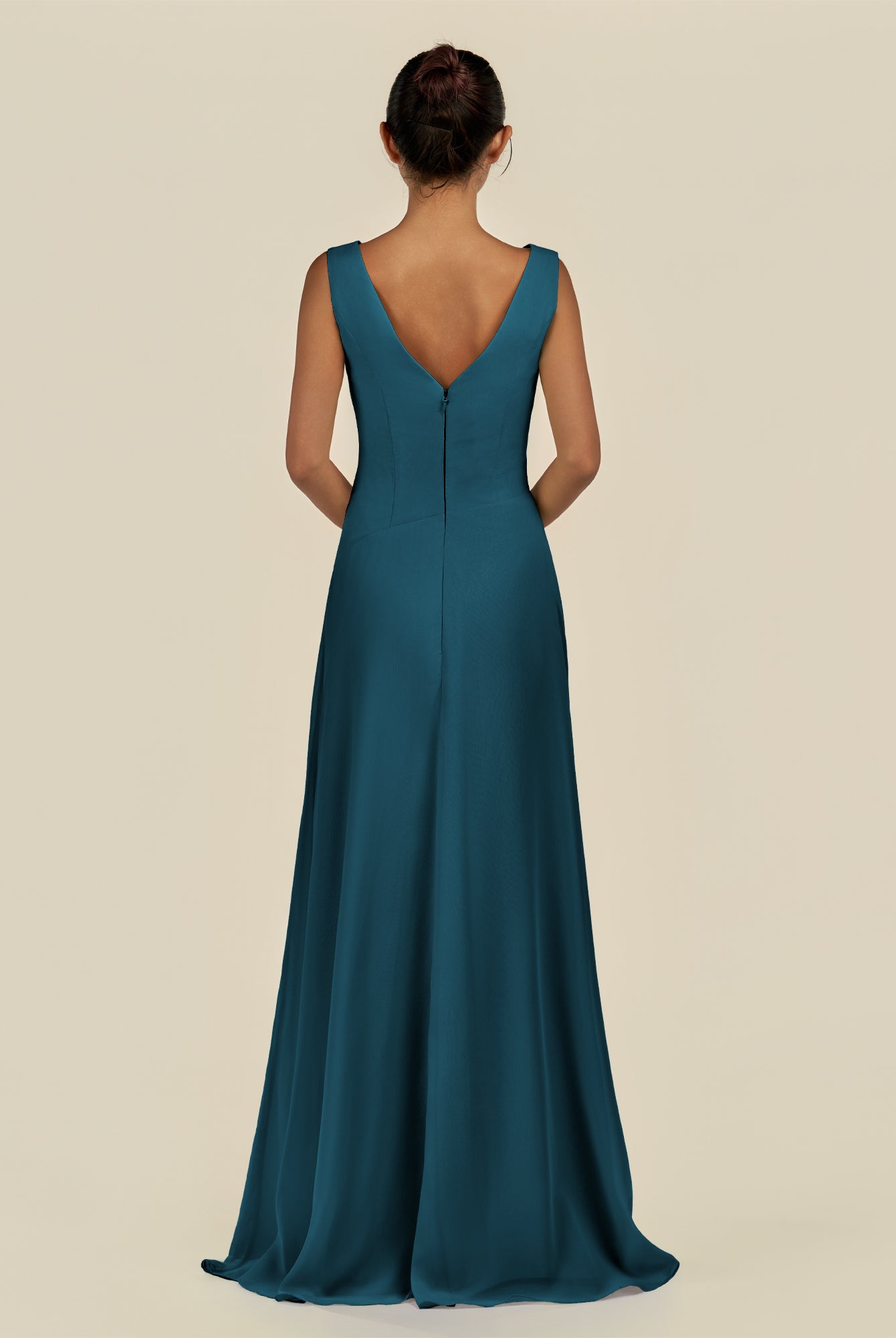 KissDress-Saphir Dark Teal A Line Chiffon V Neck Ruched Long Bridesmaid Dress with Slit