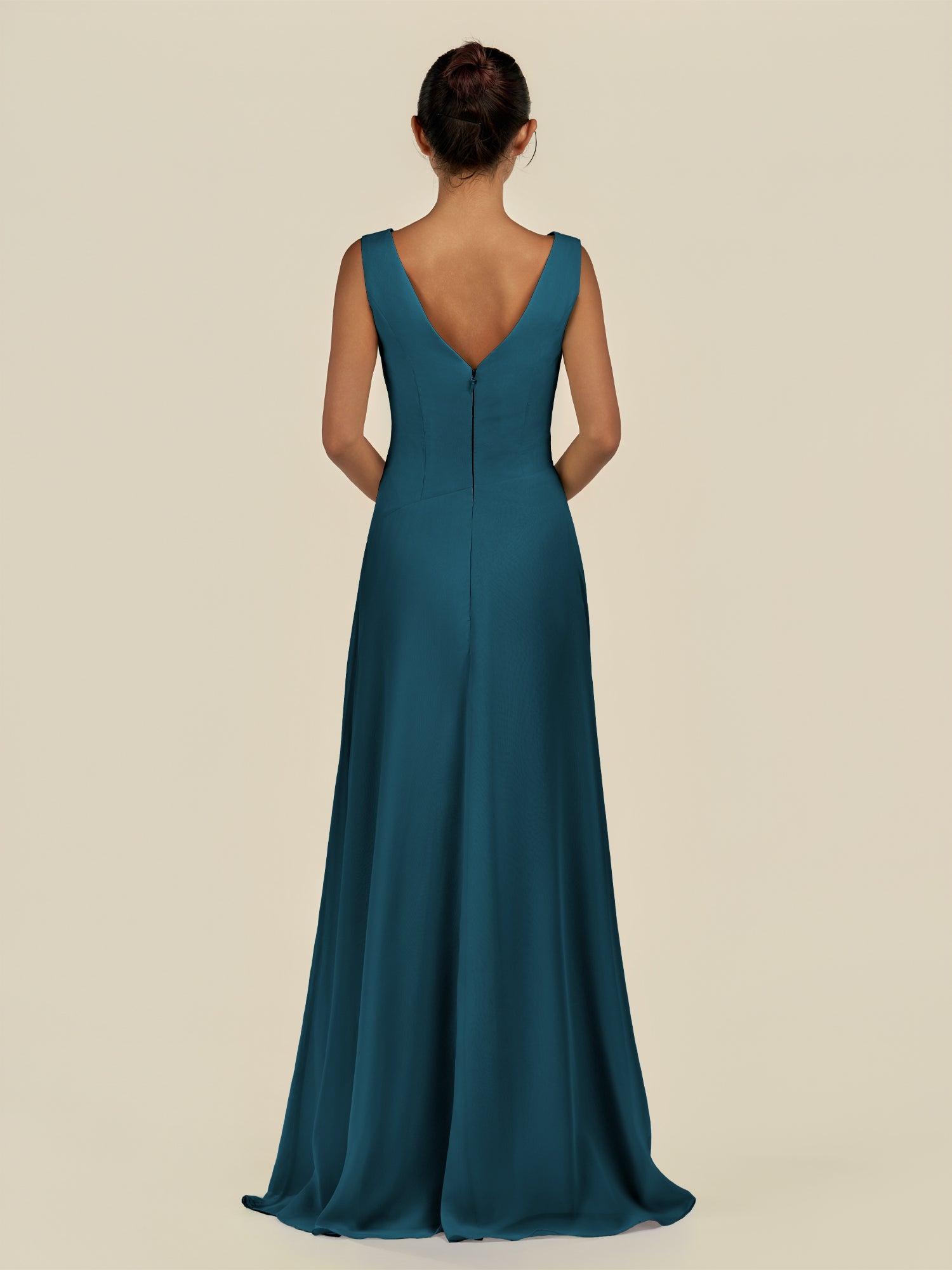 KissDress-Saphir Dark Teal A Line Chiffon V Neck Ruched Long Bridesmaid Dress with Slit