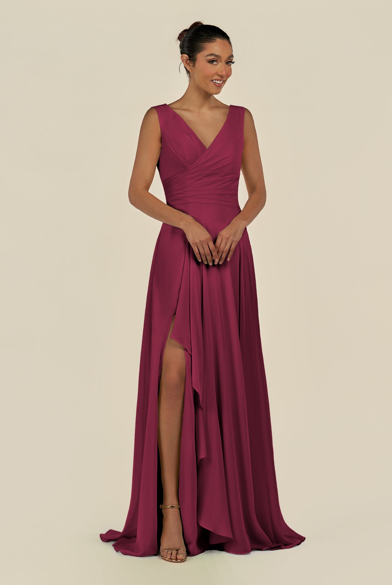 KissDress-Saphir Desert Rose A Line Chiffon V Neck Ruched Long Bridesmaid Dress with Slit