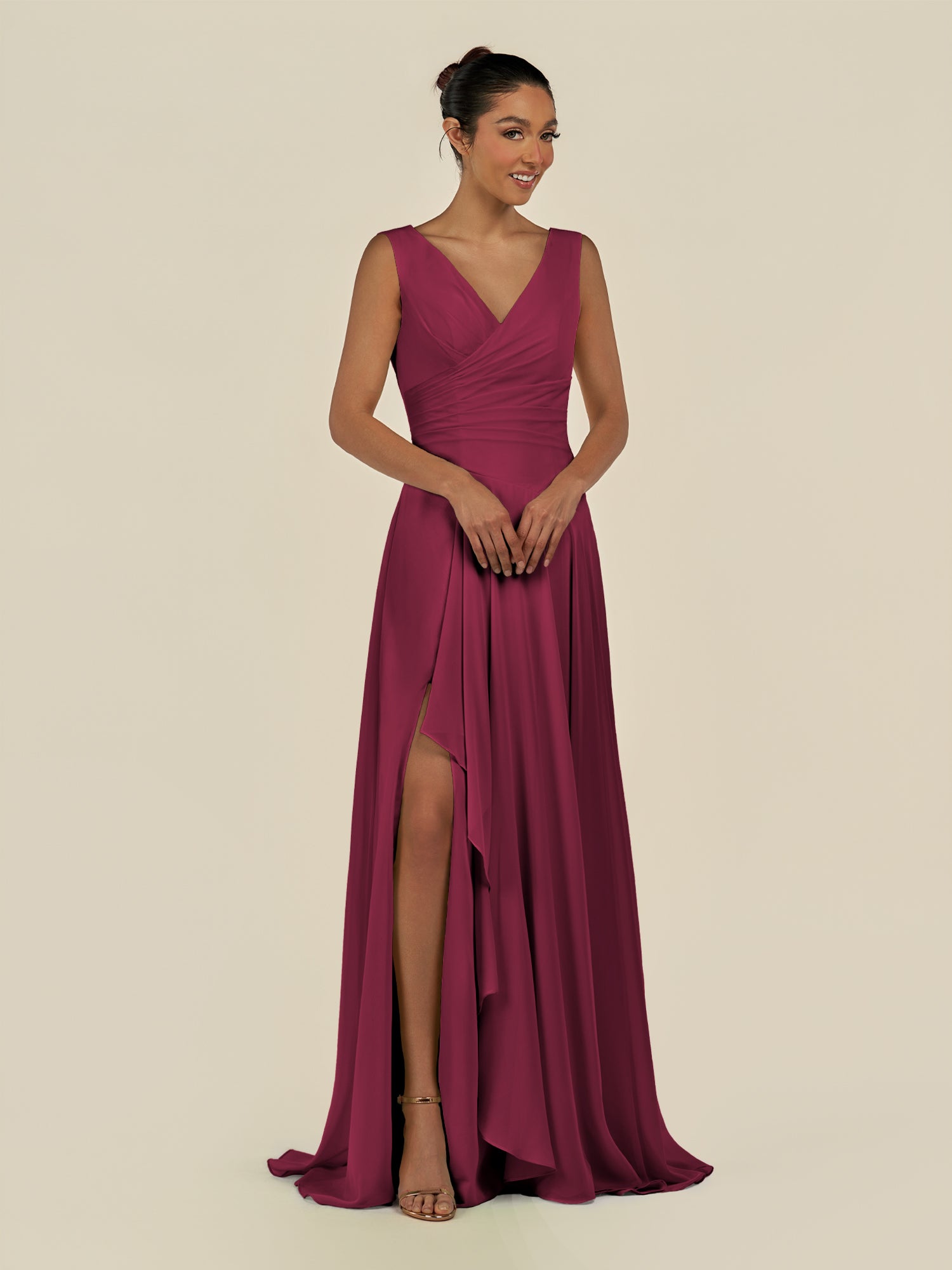 KissDress-Saphir Desert Rose A Line Chiffon V Neck Ruched Long Bridesmaid Dress with Slit