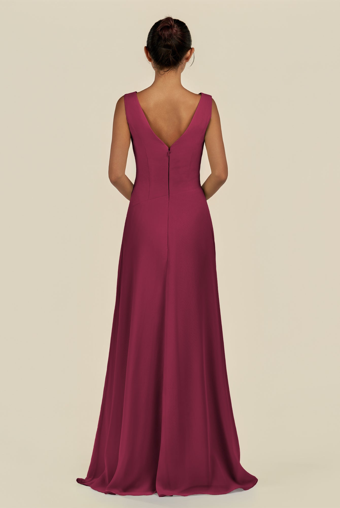 KissDress-Saphir Desert Rose A Line Chiffon V Neck Ruched Long Bridesmaid Dress with Slit