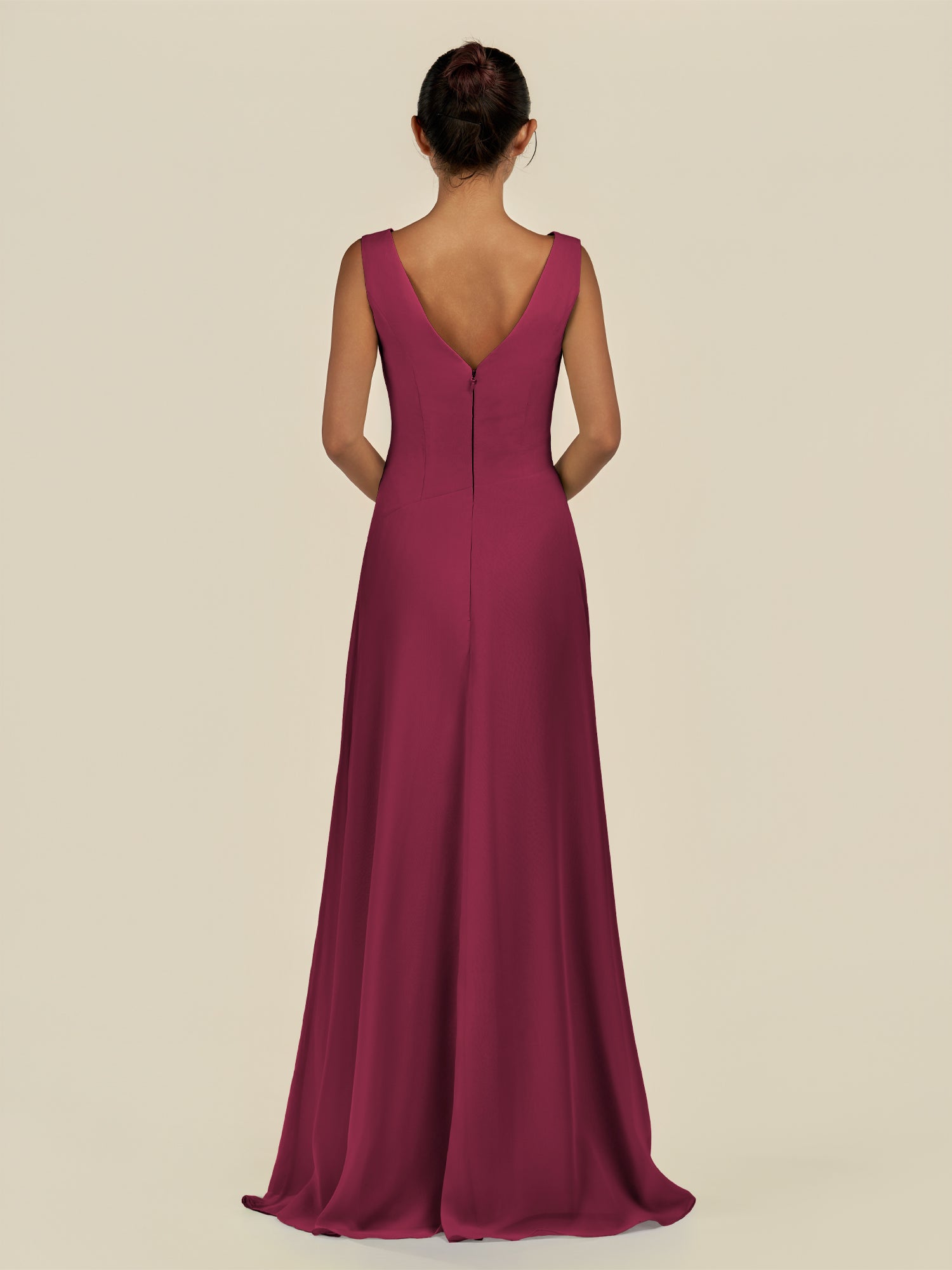 KissDress-Saphir Desert Rose A Line Chiffon V Neck Ruched Long Bridesmaid Dress with Slit