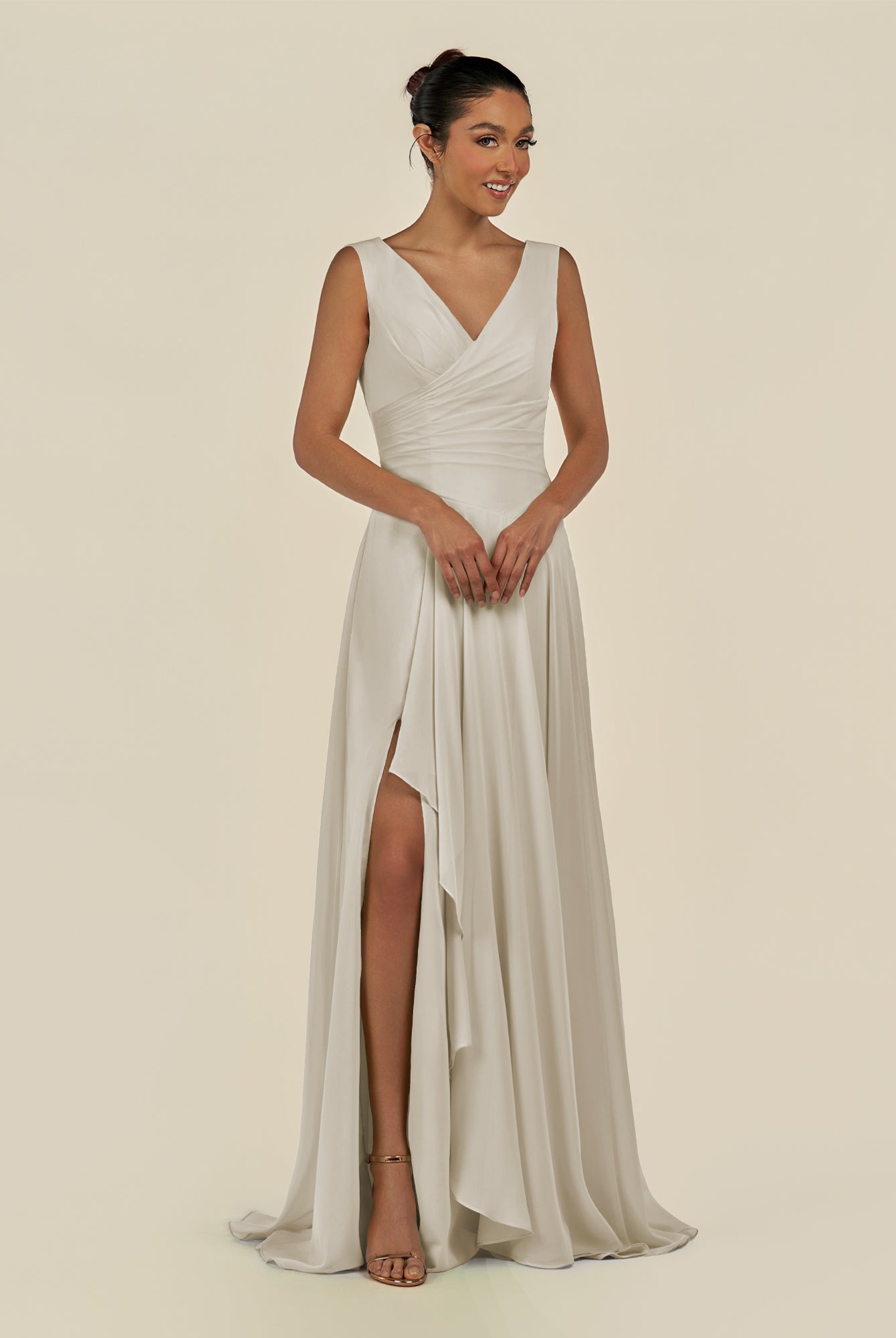 KissDress-Saphir Dove Gray A Line Chiffon V Neck Ruched Long Bridesmaid Dress with Slit