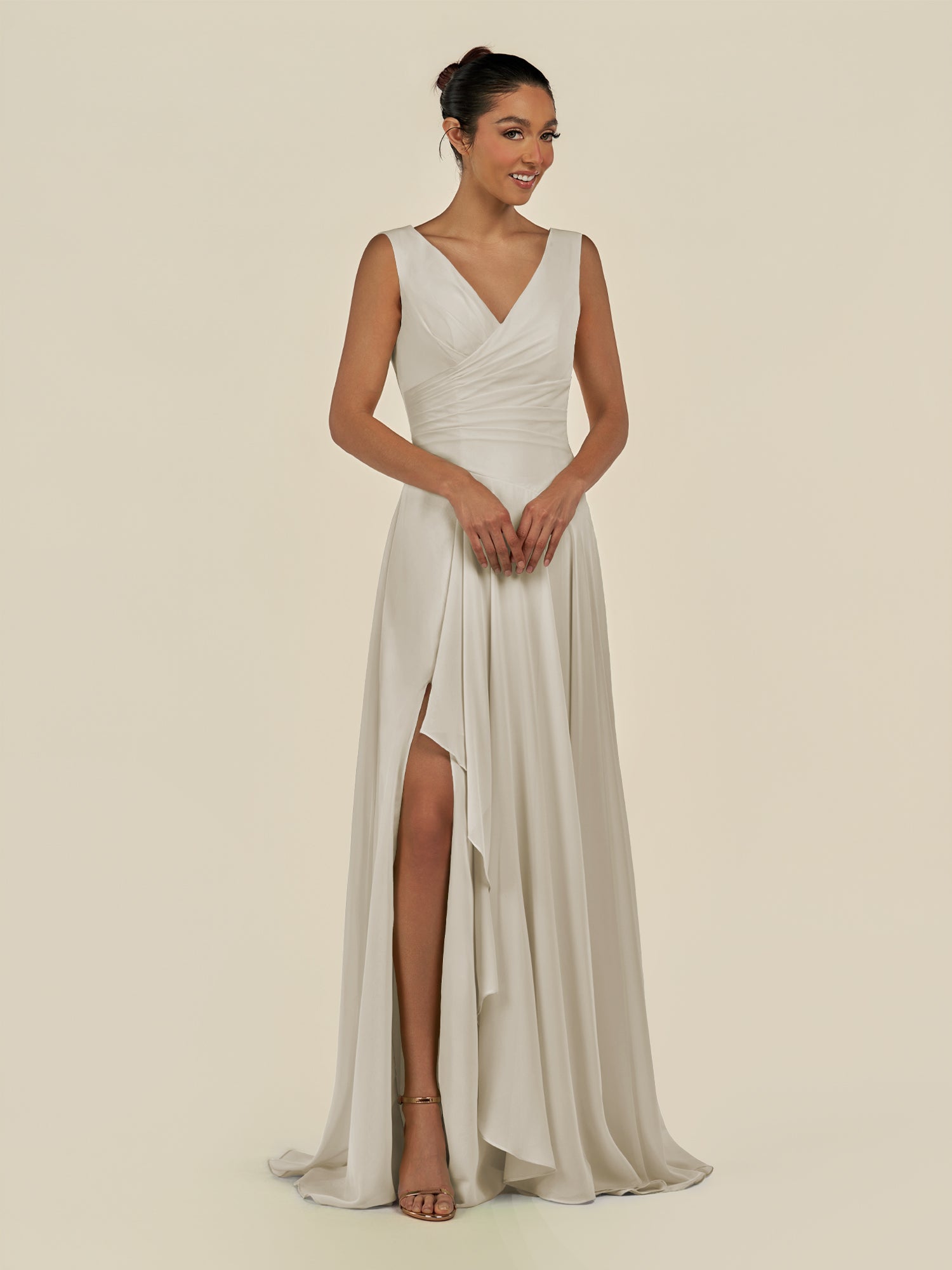 KissDress-Saphir Dove Gray A Line Chiffon V Neck Ruched Long Bridesmaid Dress with Slit