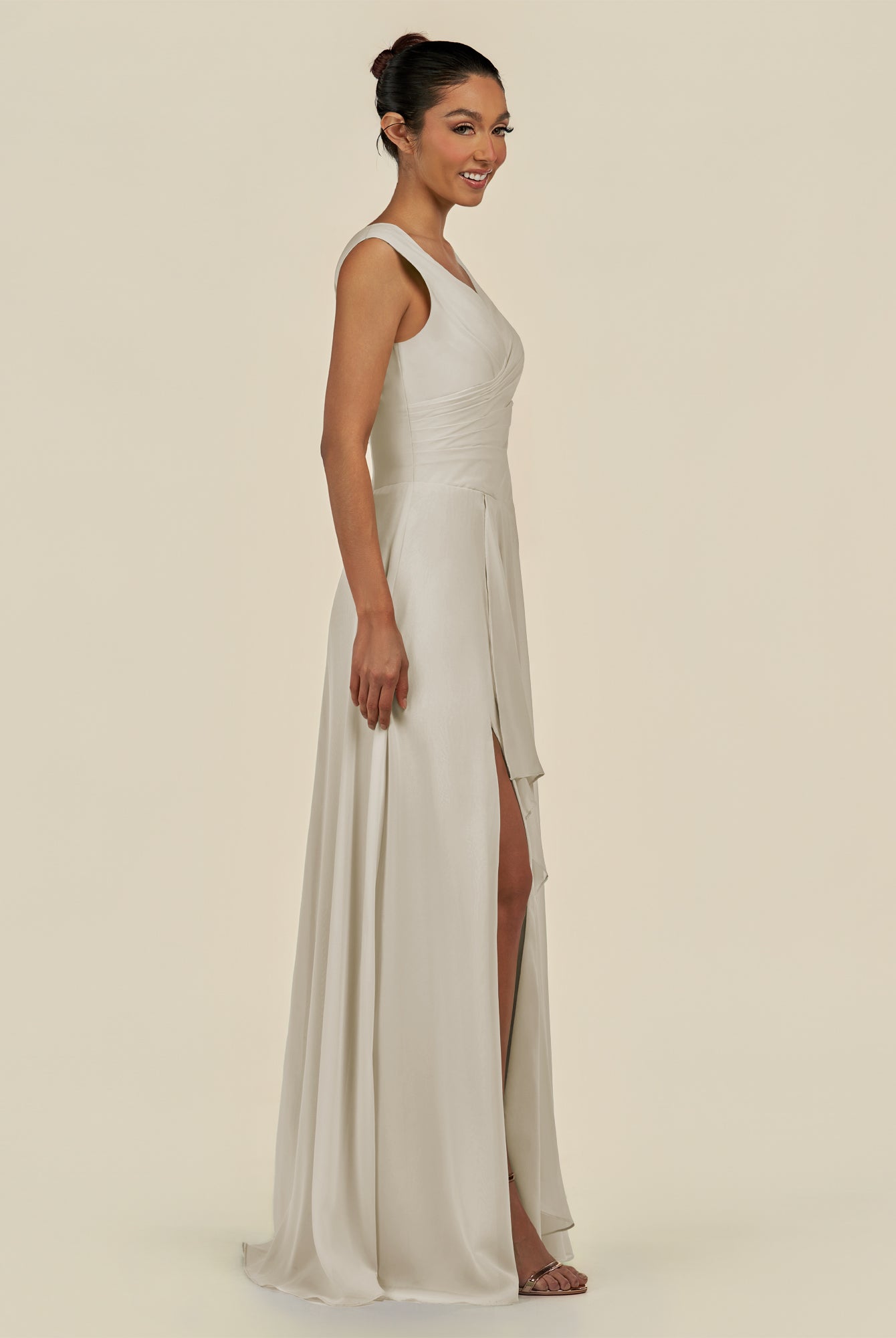 KissDress-Saphir Dove Gray A Line Chiffon V Neck Ruched Long Bridesmaid Dress with Slit