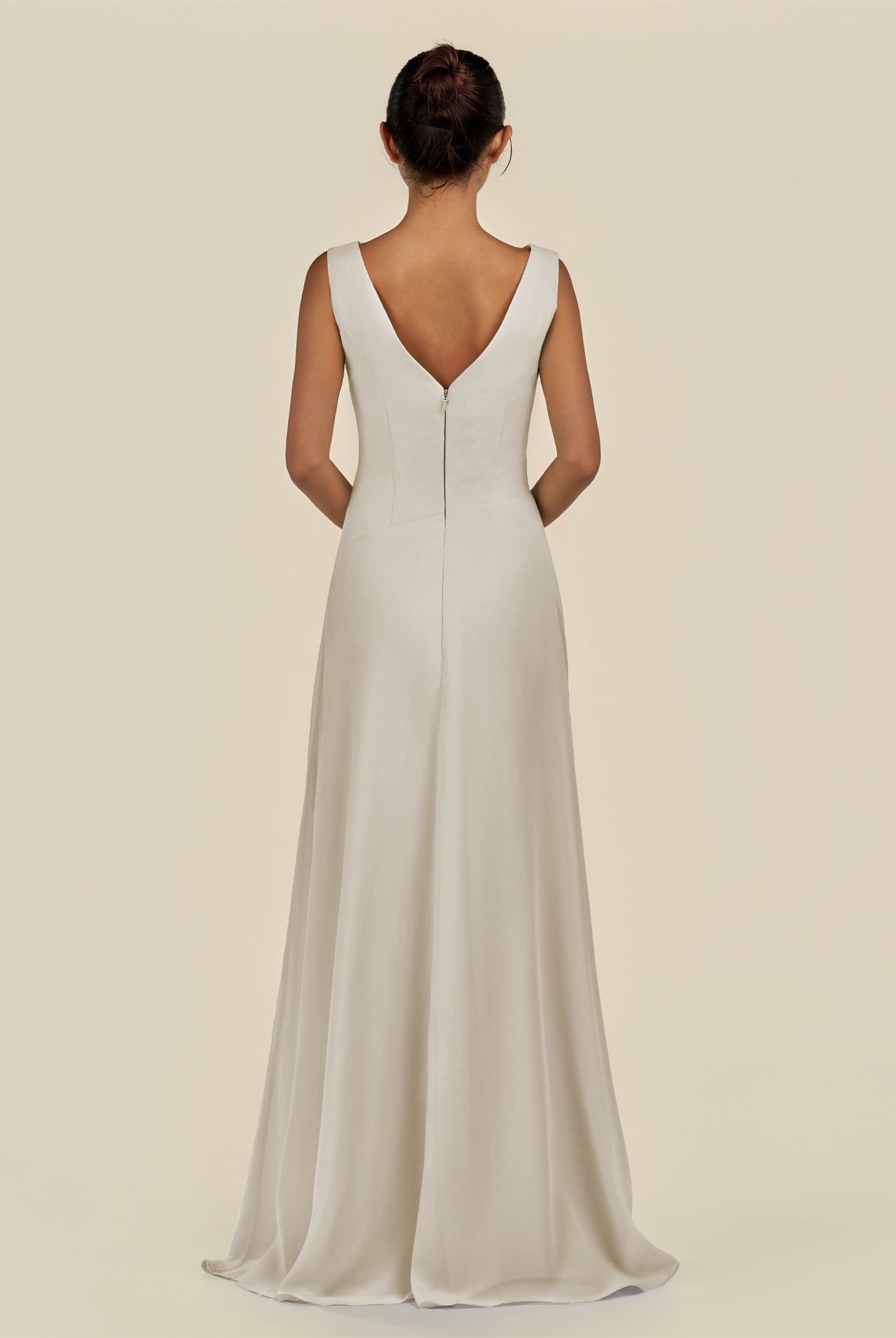 KissDress-Saphir Dove Gray A Line Chiffon V Neck Ruched Long Bridesmaid Dress with Slit