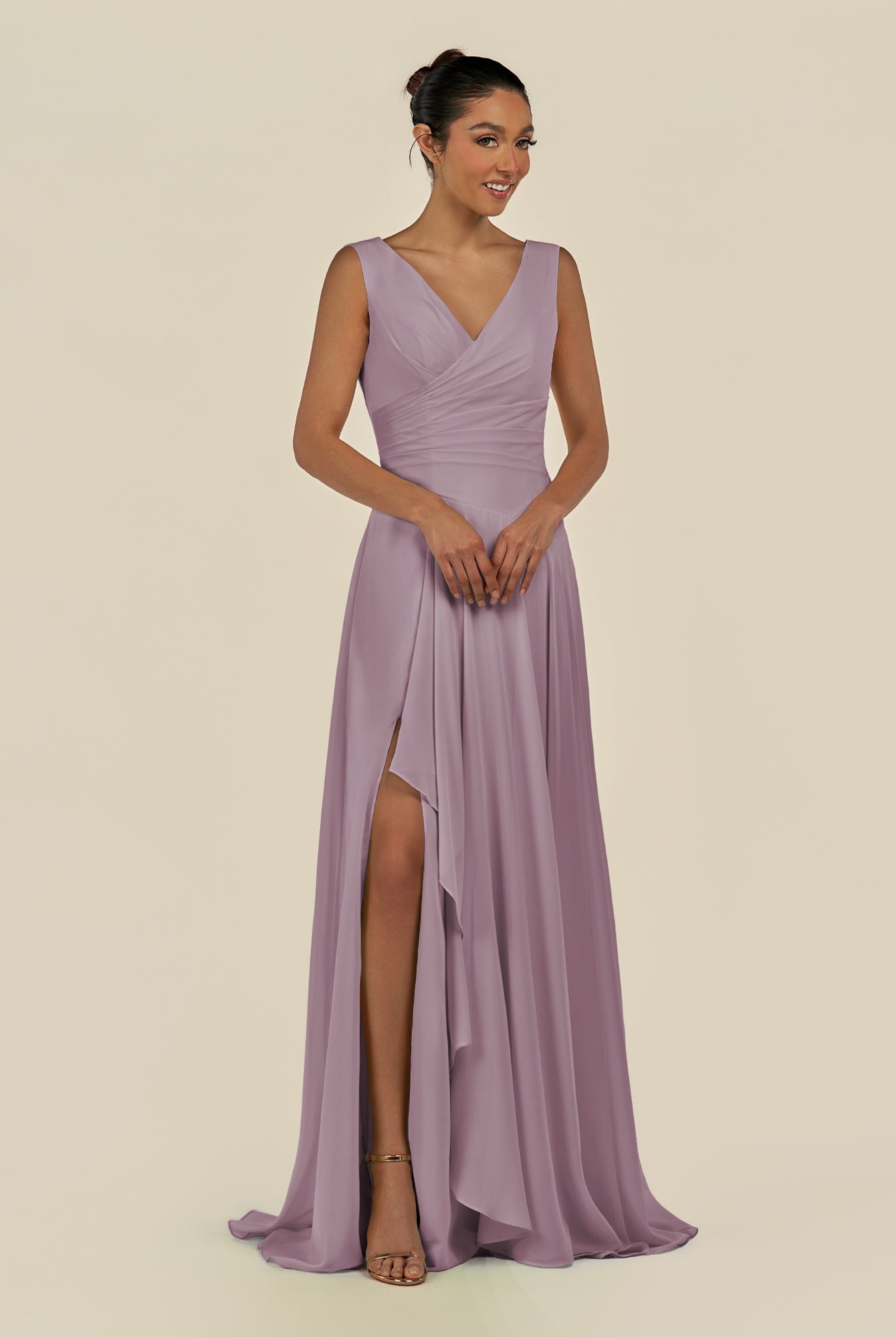 KissDress-Saphir Dusk A Line Chiffon V Neck Ruched Long Bridesmaid Dress with Slit