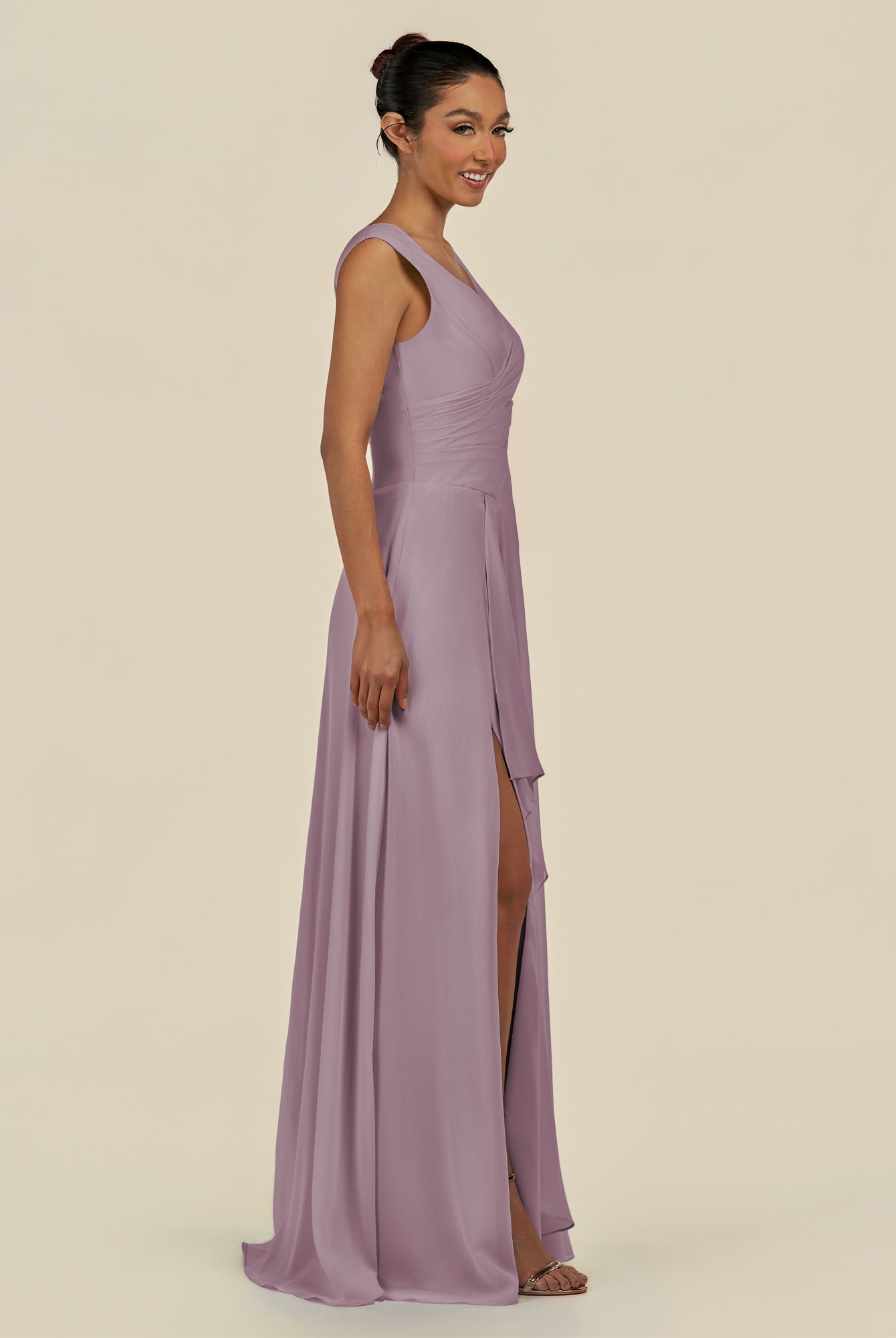 KissDress-Saphir Dusk A Line Chiffon V Neck Ruched Long Bridesmaid Dress with Slit
