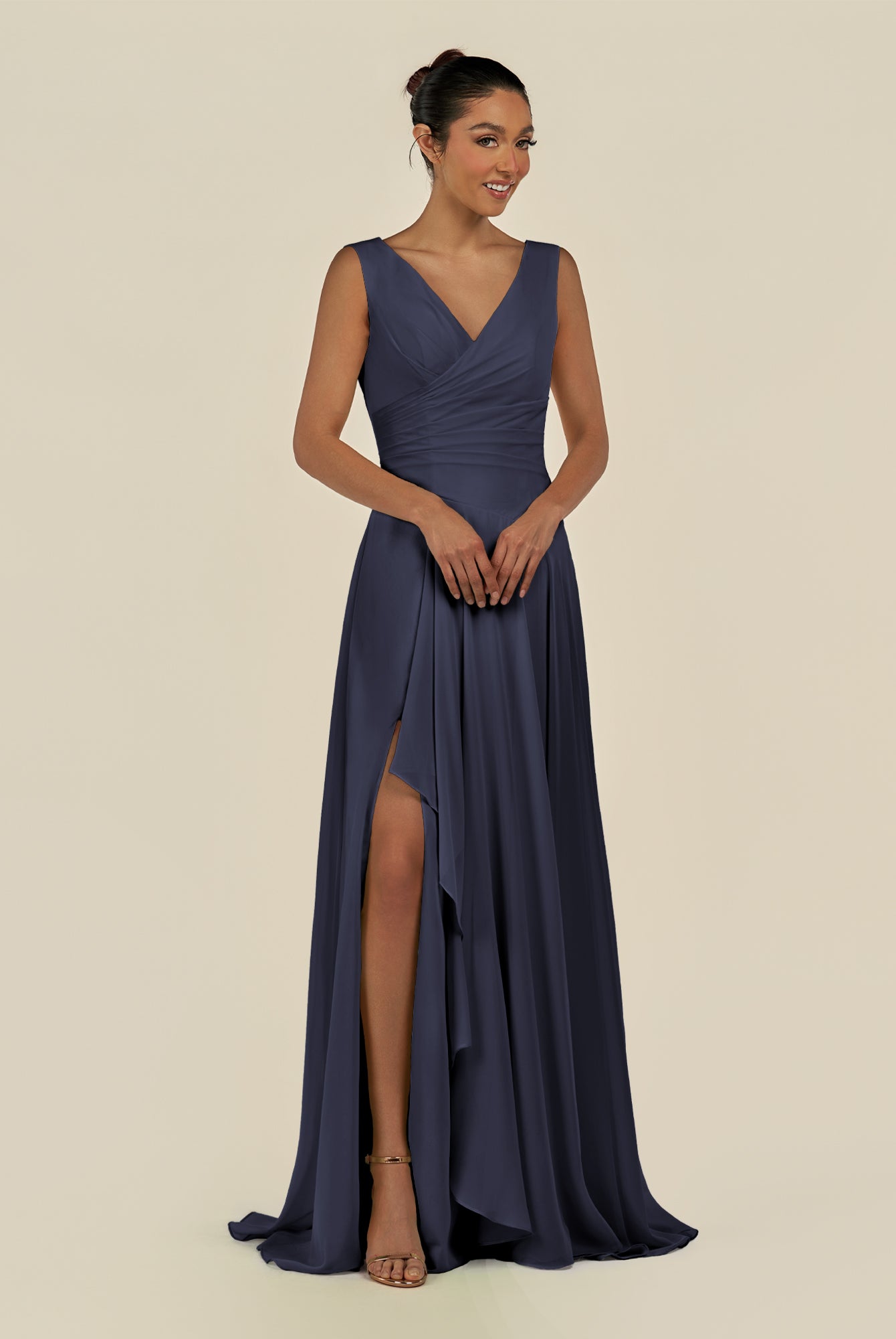 KissDress-Saphir Dusk Blue A Line Chiffon V Neck Ruched Long Bridesmaid Dress with Slit