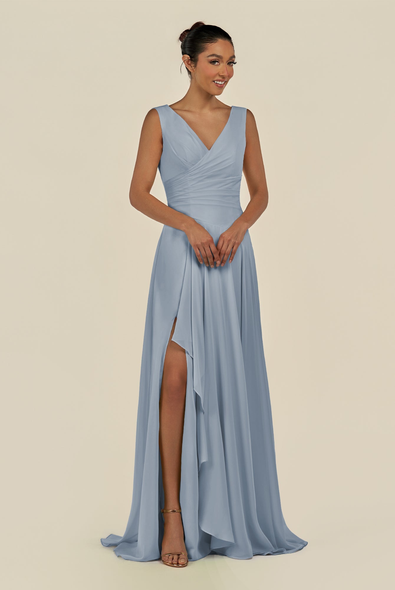 KissDress-Saphir Dusty Blue A Line Chiffon V Neck Ruched Long Bridesmaid Dress with Slit