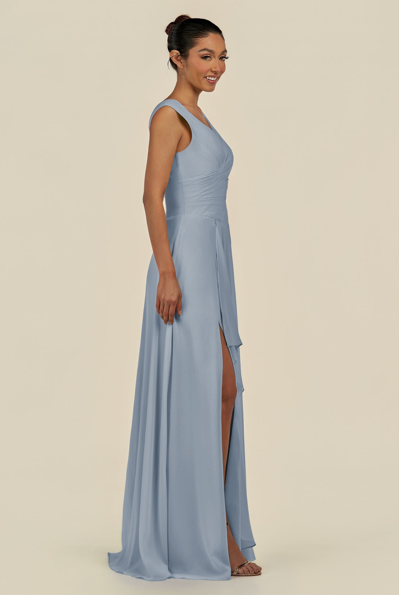 KissDress-Saphir Dusty Blue A Line Chiffon V Neck Ruched Long Bridesmaid Dress with Slit