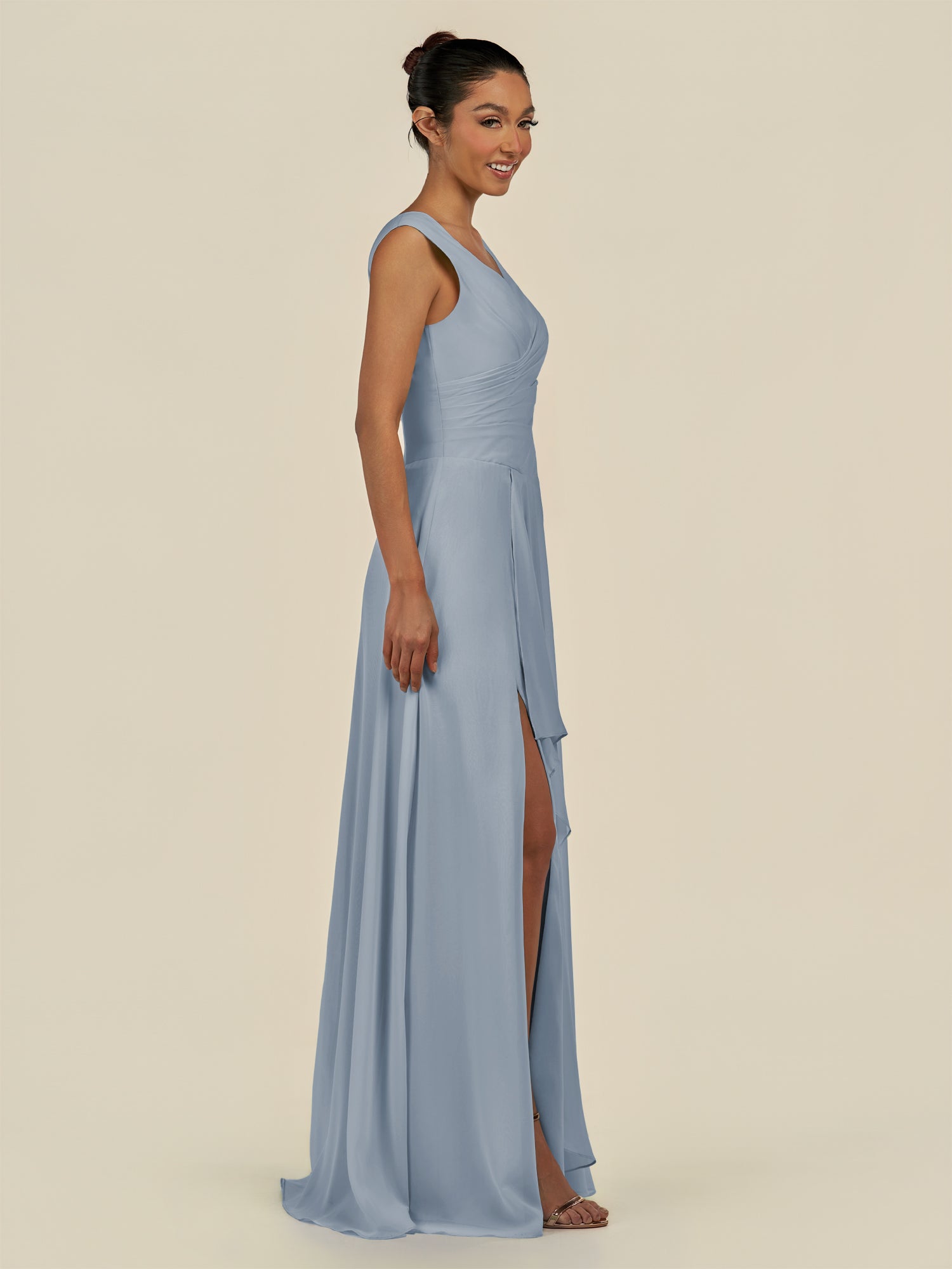 KissDress-Saphir Dusty Blue A Line Chiffon V Neck Ruched Long Bridesmaid Dress with Slit