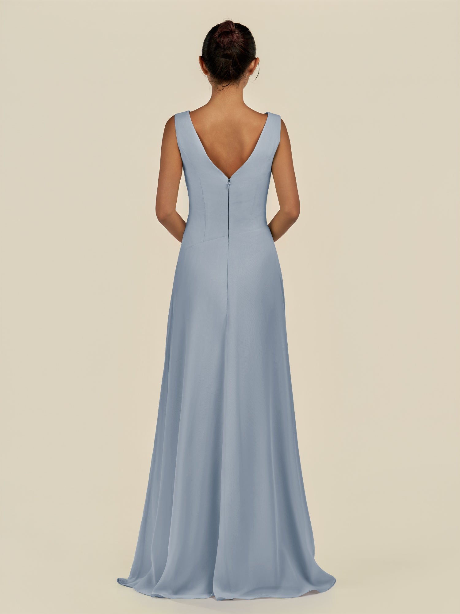 KissDress-Saphir Dusty Blue A Line Chiffon V Neck Ruched Long Bridesmaid Dress with Slit