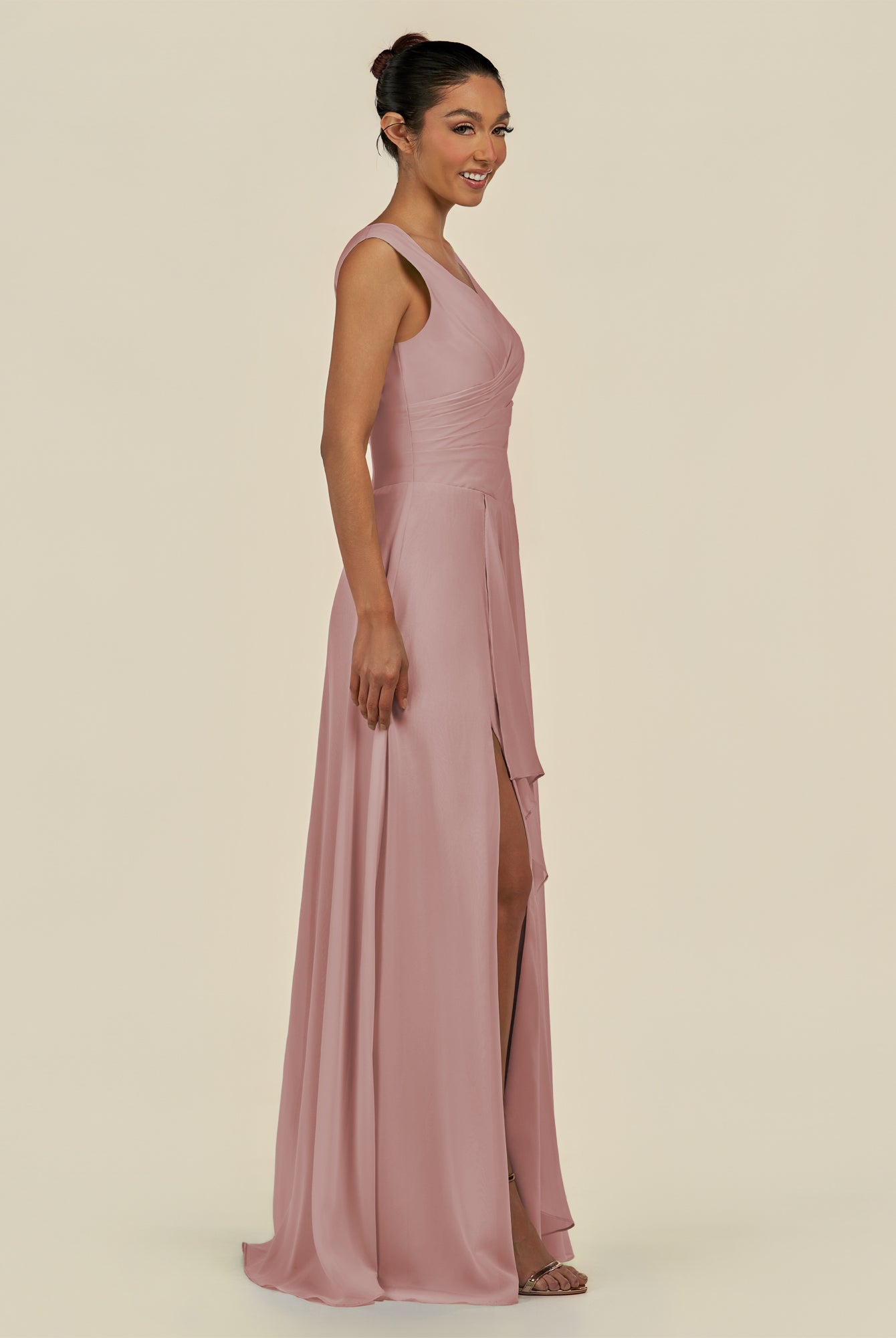 KissDress-Saphir Dusty Rose A Line Chiffon V Neck Ruched Long Bridesmaid Dress with Slit