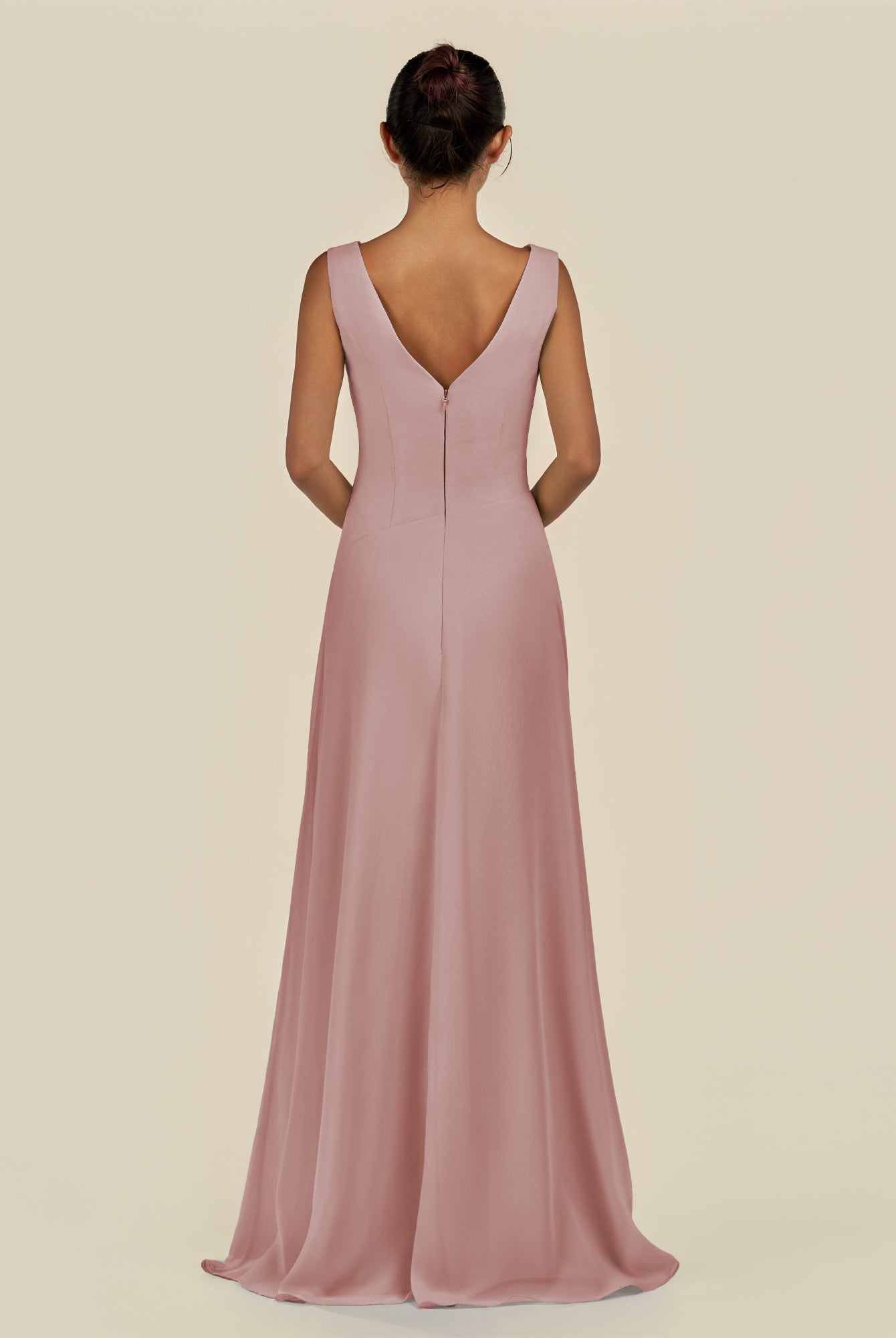 KissDress-Saphir Dusty Rose A Line Chiffon V Neck Ruched Long Bridesmaid Dress with Slit
