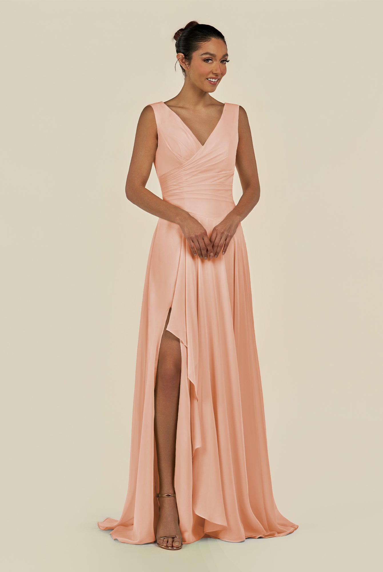 KissDress-Saphir English Rose A Line Chiffon V Neck Ruched Long Bridesmaid Dress with Slit