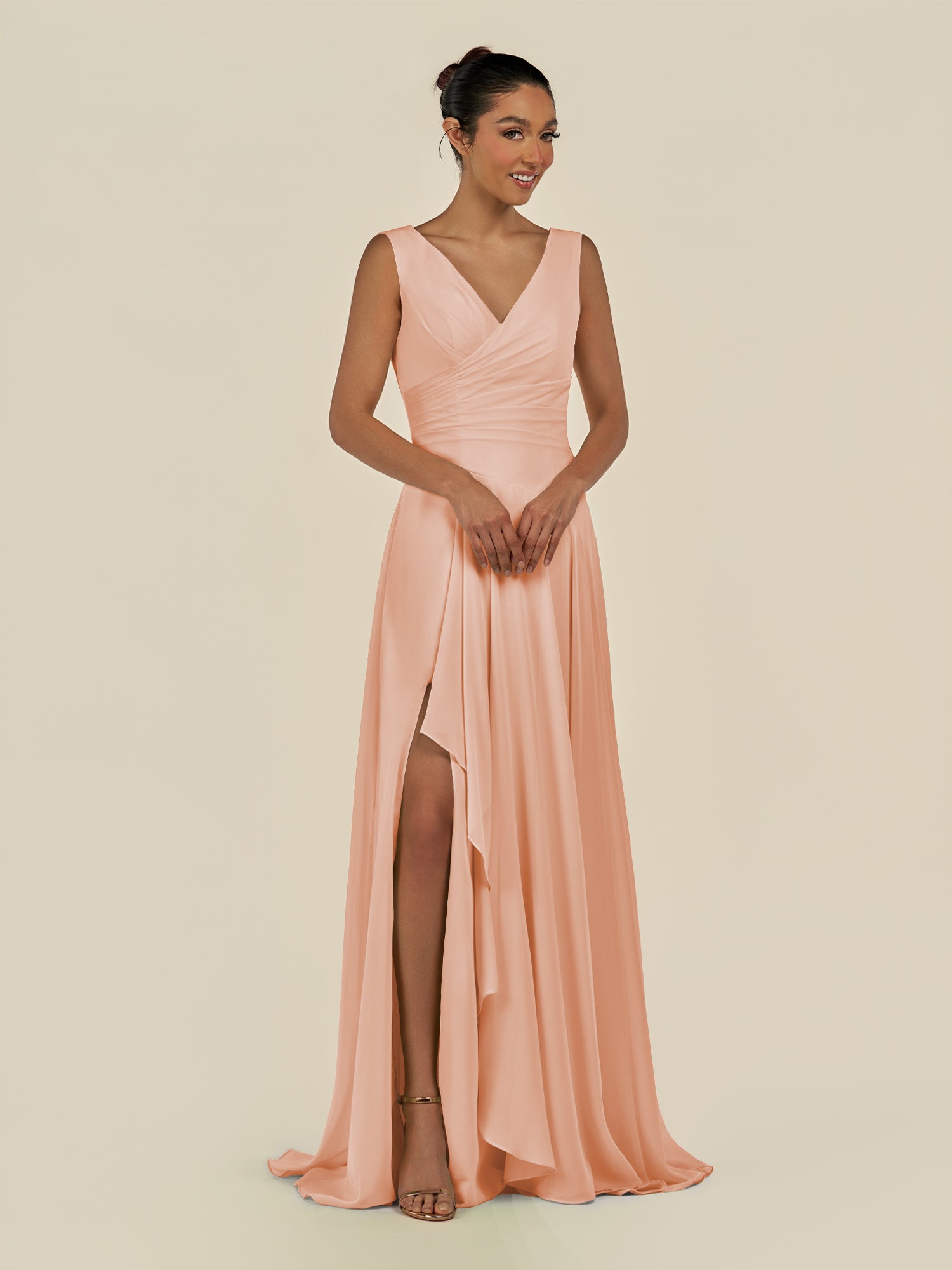 KissDress-Saphir English Rose A Line Chiffon V Neck Ruched Long Bridesmaid Dress with Slit