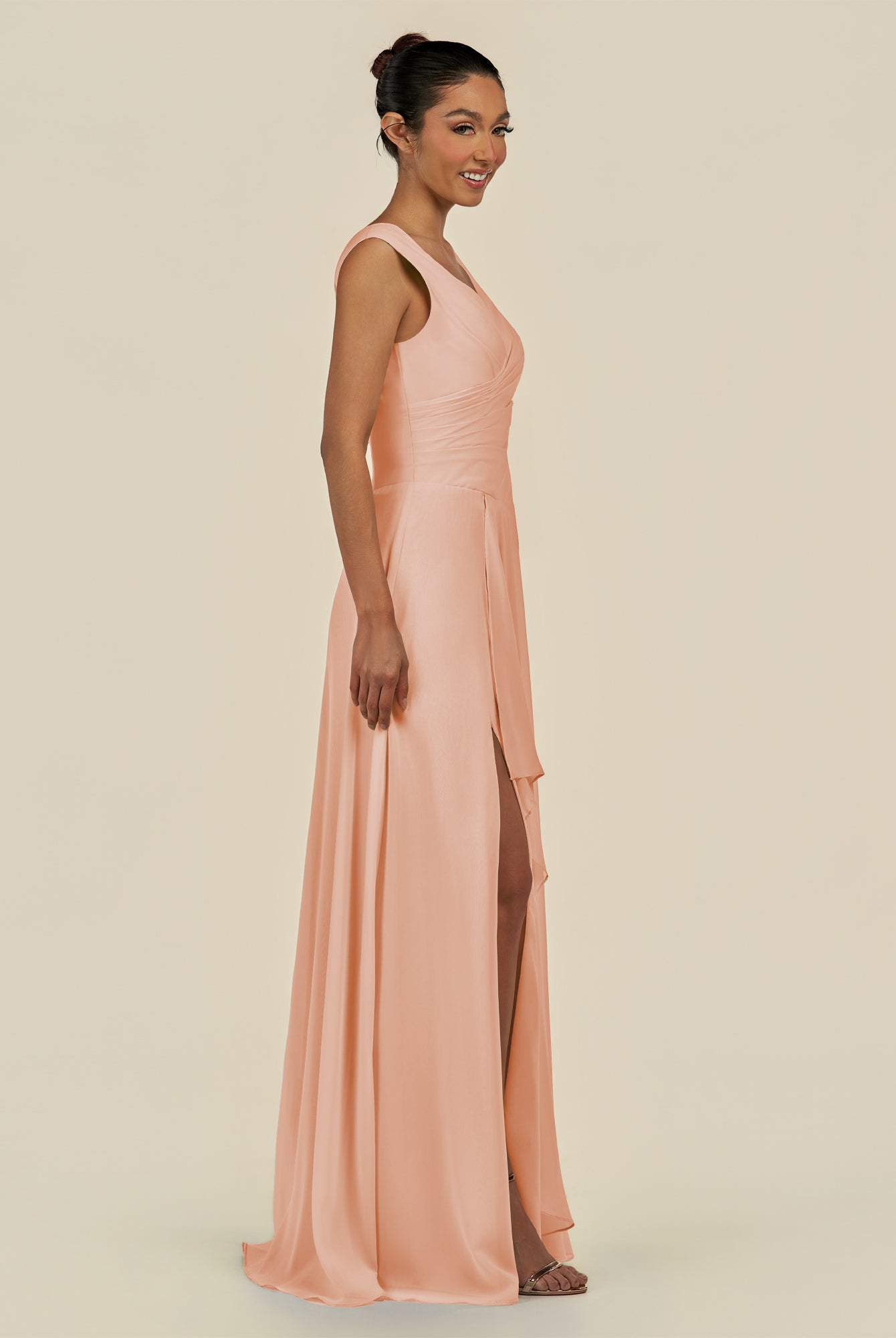 KissDress-Saphir English Rose A Line Chiffon V Neck Ruched Long Bridesmaid Dress with Slit