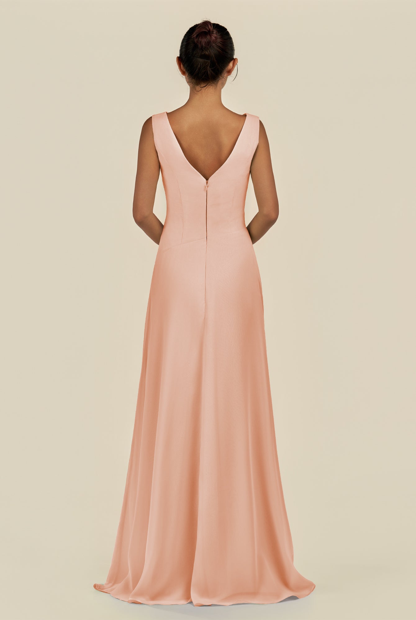 KissDress-Saphir English Rose A Line Chiffon V Neck Ruched Long Bridesmaid Dress with Slit