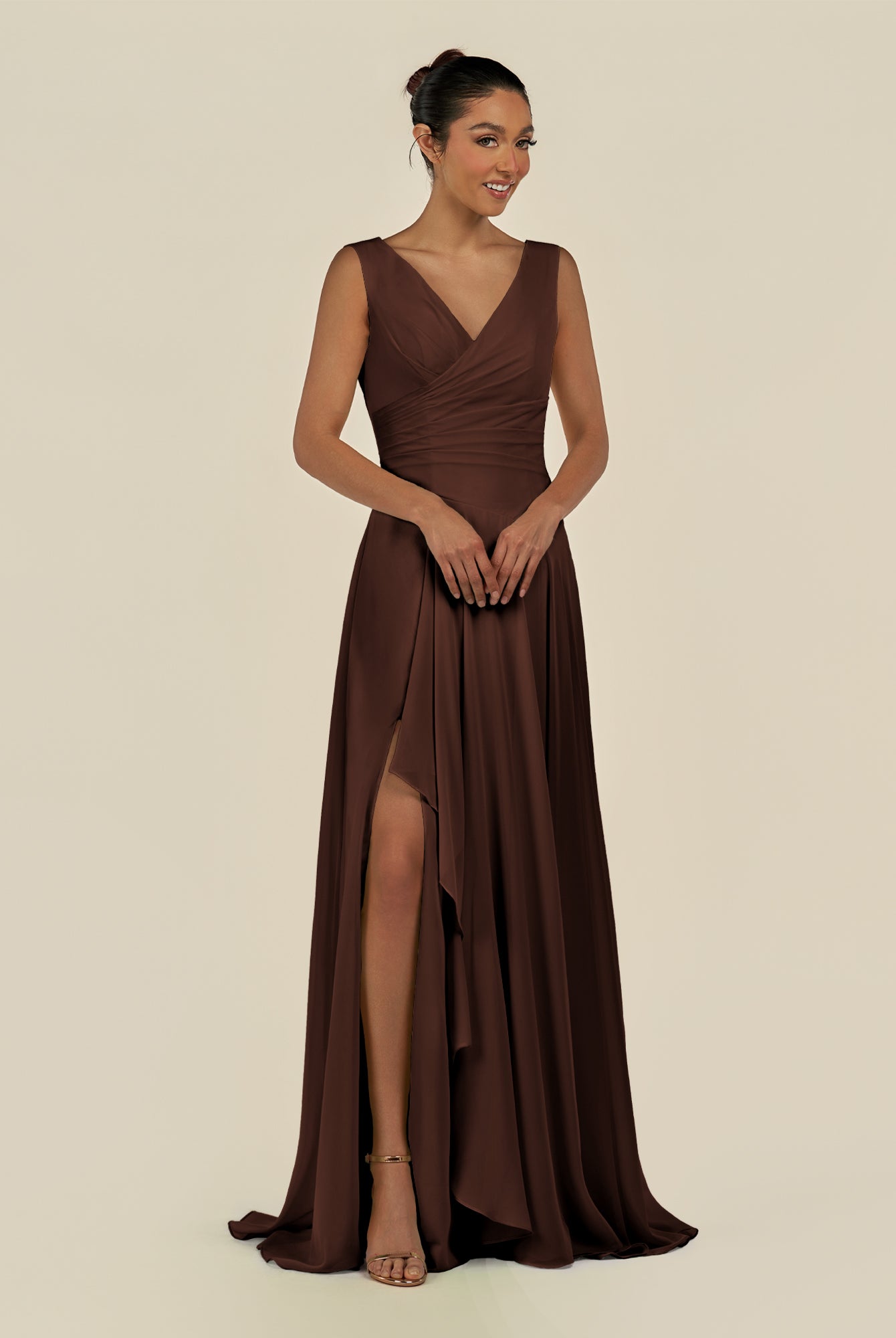 KissDress-Saphir Espresso A Line Chiffon V Neck Ruched Long Bridesmaid Dress with Slit