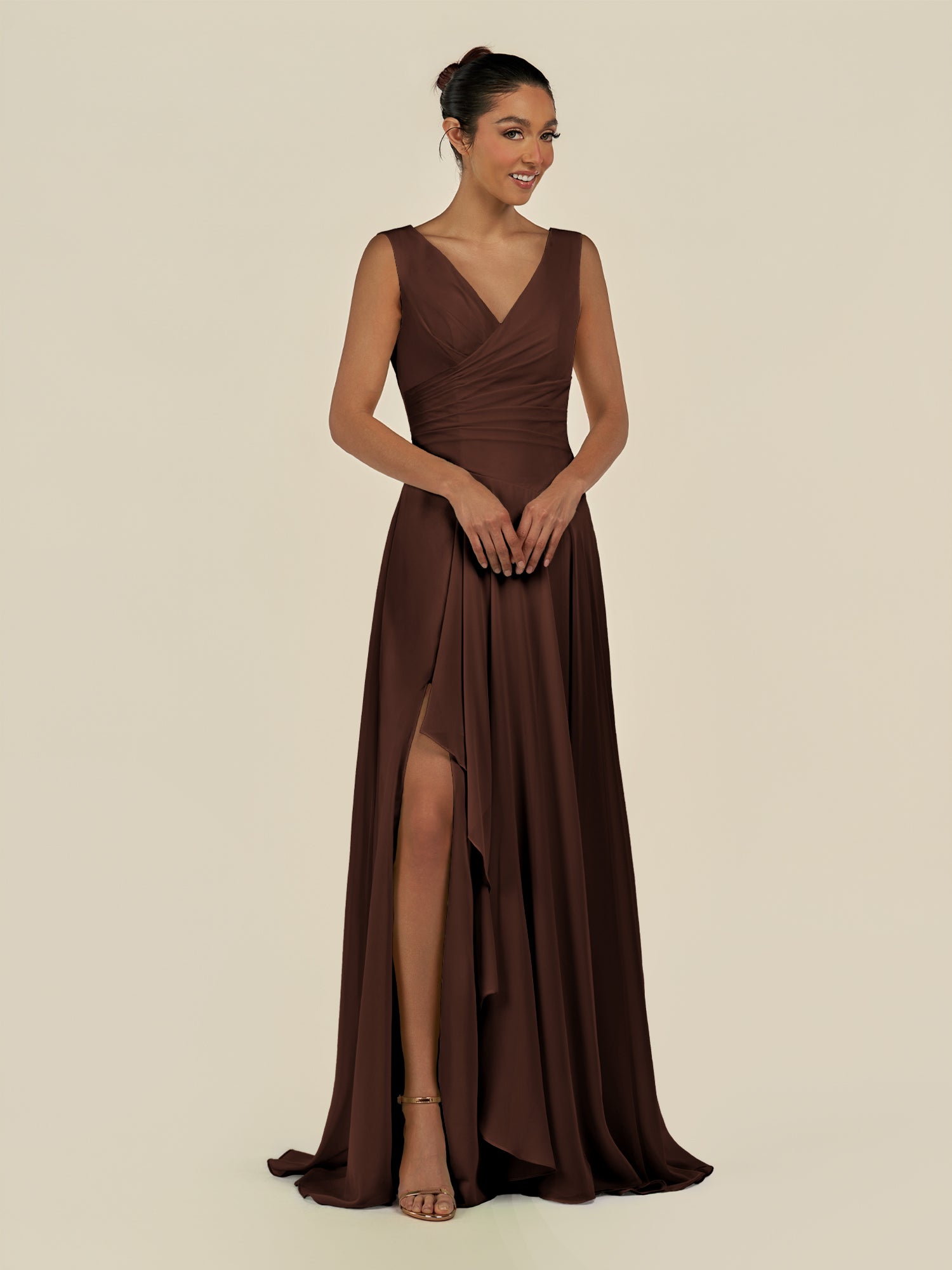 KissDress-Saphir Espresso A Line Chiffon V Neck Ruched Long Bridesmaid Dress with Slit