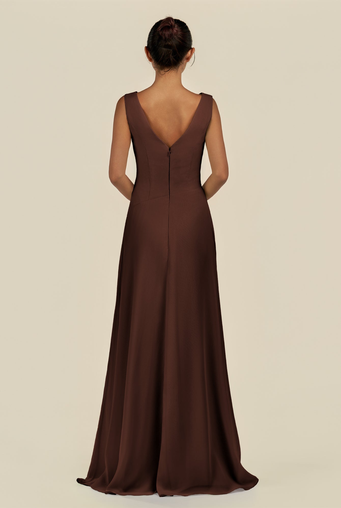 KissDress-Saphir Espresso A Line Chiffon V Neck Ruched Long Bridesmaid Dress with Slit