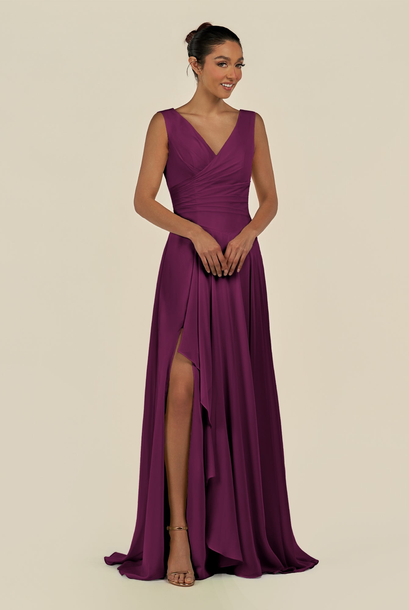 KissDress-Saphir Fig A Line Chiffon V Neck Ruched Long Bridesmaid Dress with Slit
