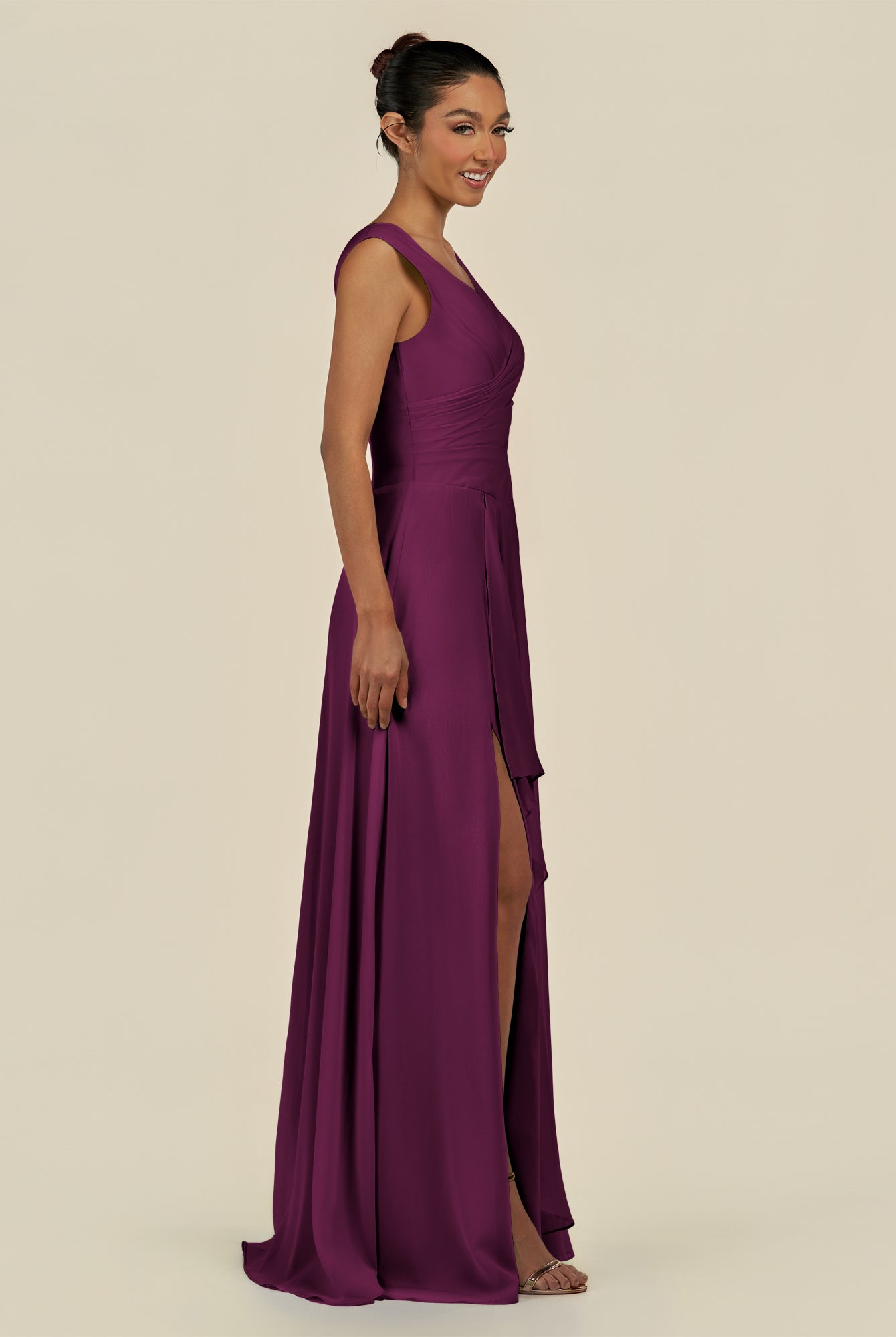 KissDress-Saphir Fig A Line Chiffon V Neck Ruched Long Bridesmaid Dress with Slit