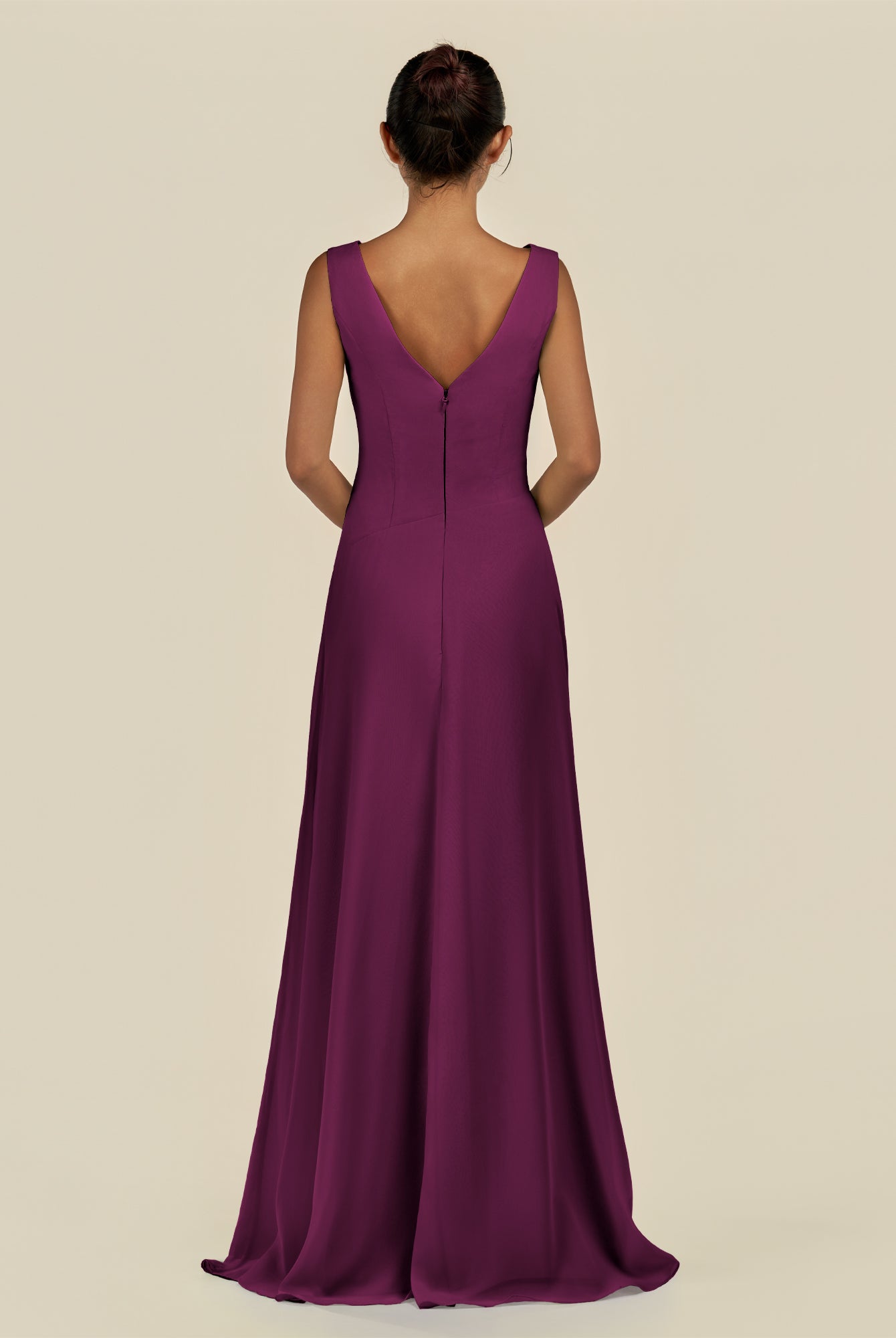 KissDress-Saphir Fig A Line Chiffon V Neck Ruched Long Bridesmaid Dress with Slit