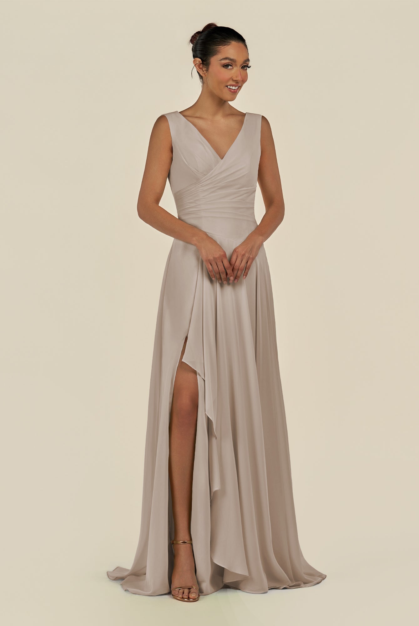 KissDress-Saphir Frost A Line Chiffon V Neck Ruched Long Bridesmaid Dress with Slit