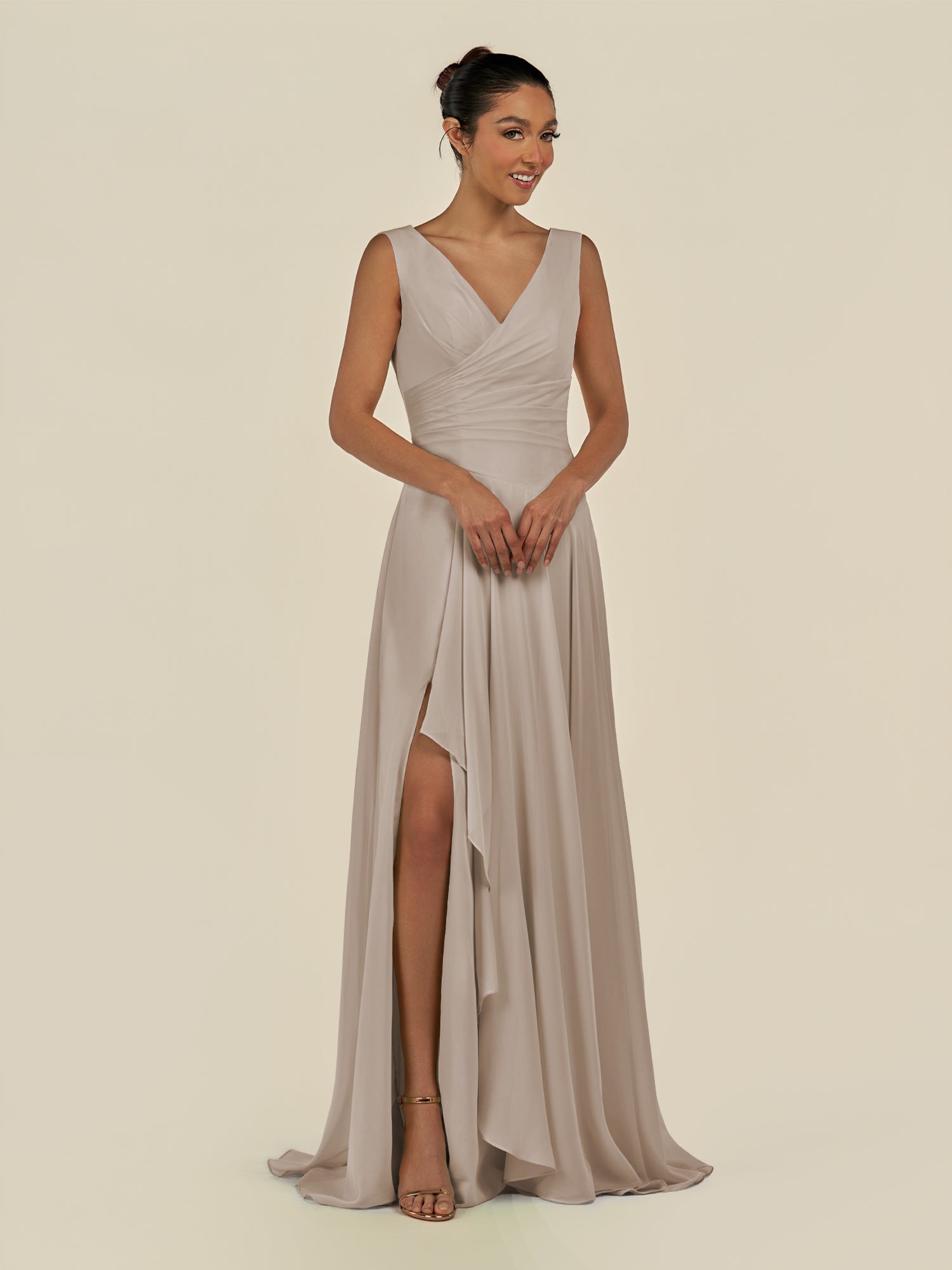 KissDress-Saphir Frost A Line Chiffon V Neck Ruched Long Bridesmaid Dress with Slit