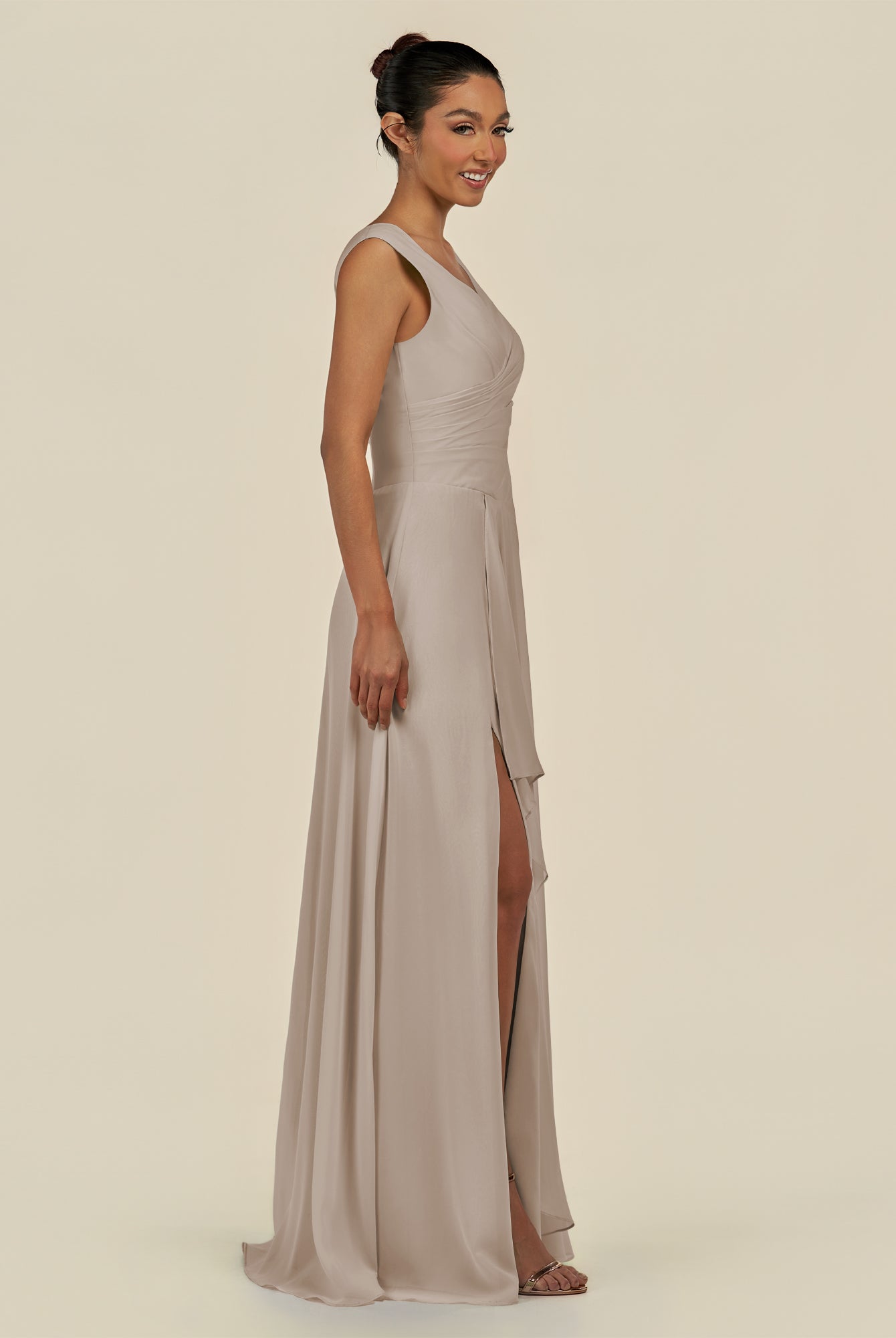 KissDress-Saphir Frost A Line Chiffon V Neck Ruched Long Bridesmaid Dress with Slit