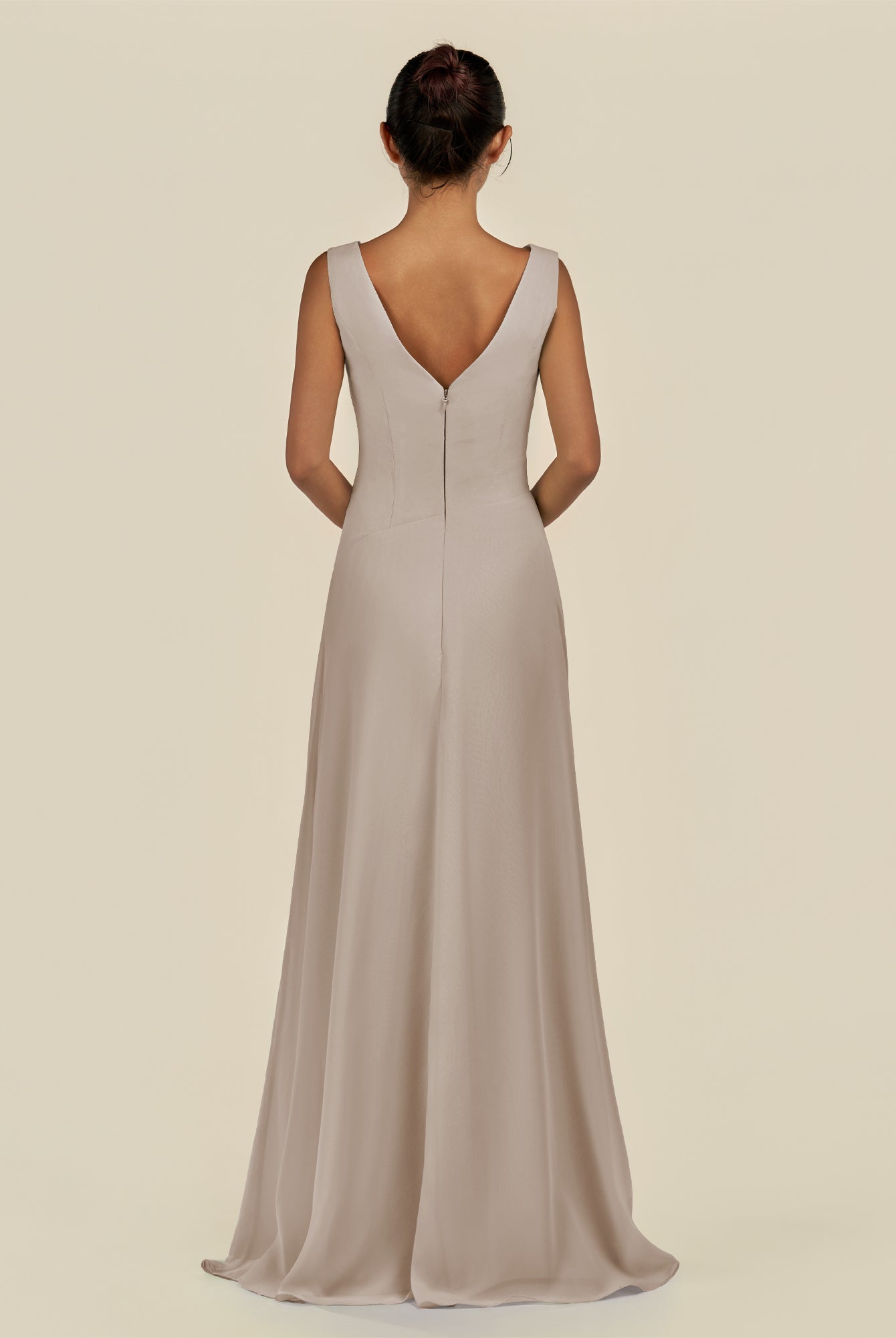 KissDress-Saphir Frost A Line Chiffon V Neck Ruched Long Bridesmaid Dress with Slit