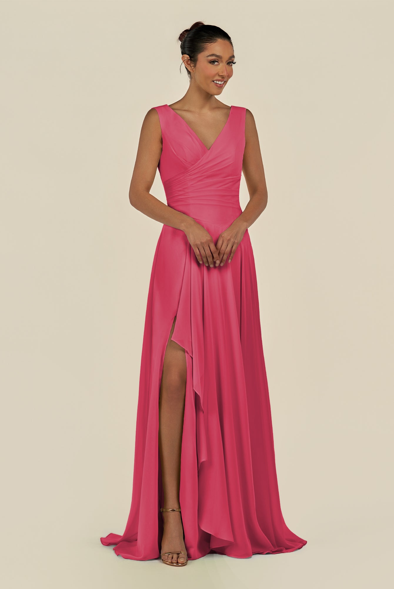 KissDress-Saphir Fuchsia A Line Chiffon V Neck Ruched Long Bridesmaid Dress with Slit