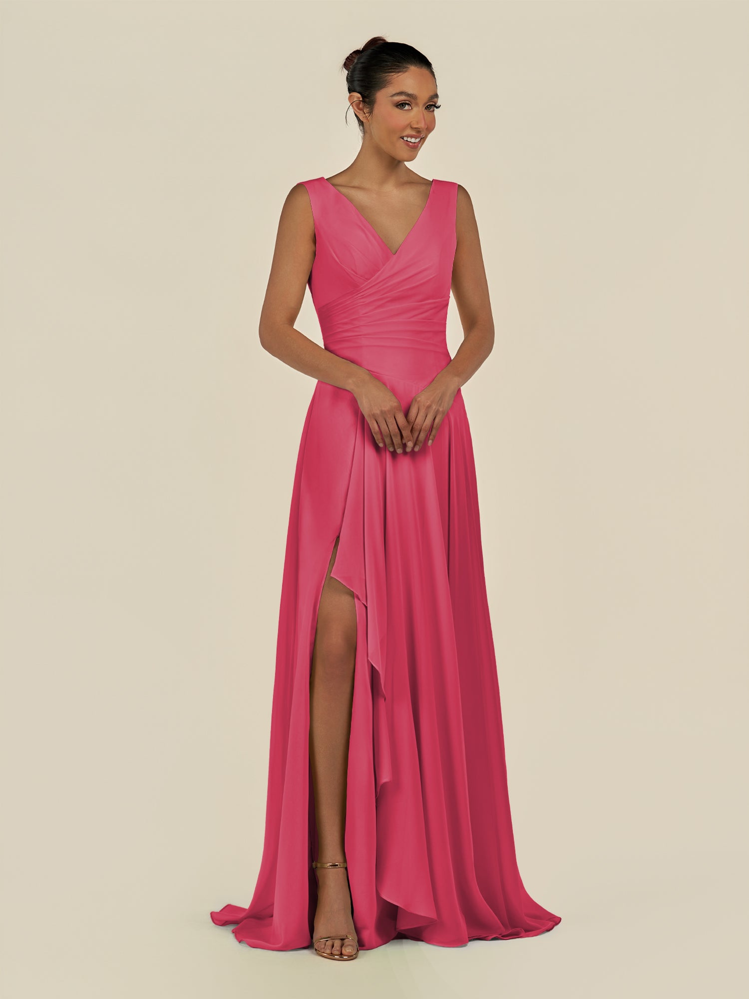 KissDress-Saphir Fuchsia A Line Chiffon V Neck Ruched Long Bridesmaid Dress with Slit