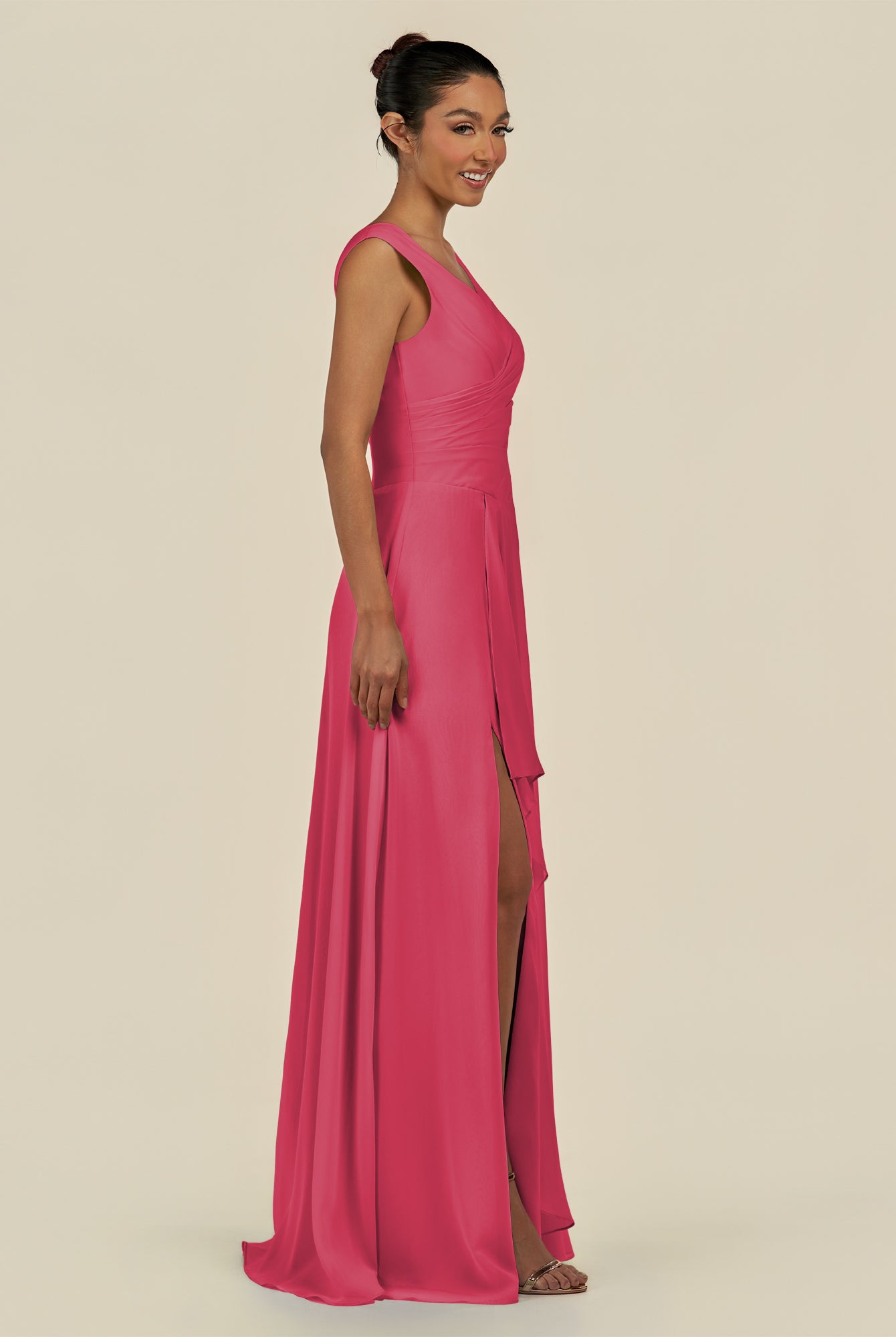 KissDress-Saphir Fuchsia A Line Chiffon V Neck Ruched Long Bridesmaid Dress with Slit