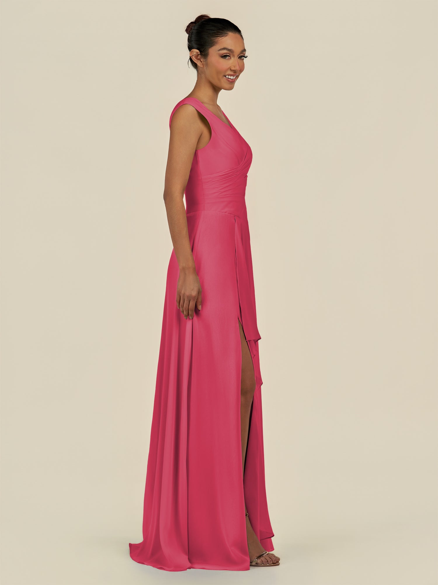 KissDress-Saphir Fuchsia A Line Chiffon V Neck Ruched Long Bridesmaid Dress with Slit