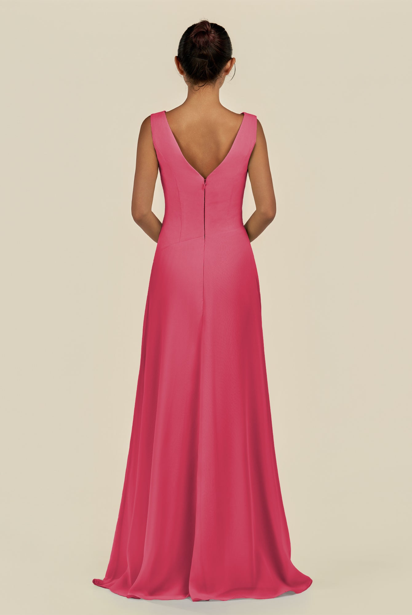 KissDress-Saphir Fuchsia A Line Chiffon V Neck Ruched Long Bridesmaid Dress with Slit