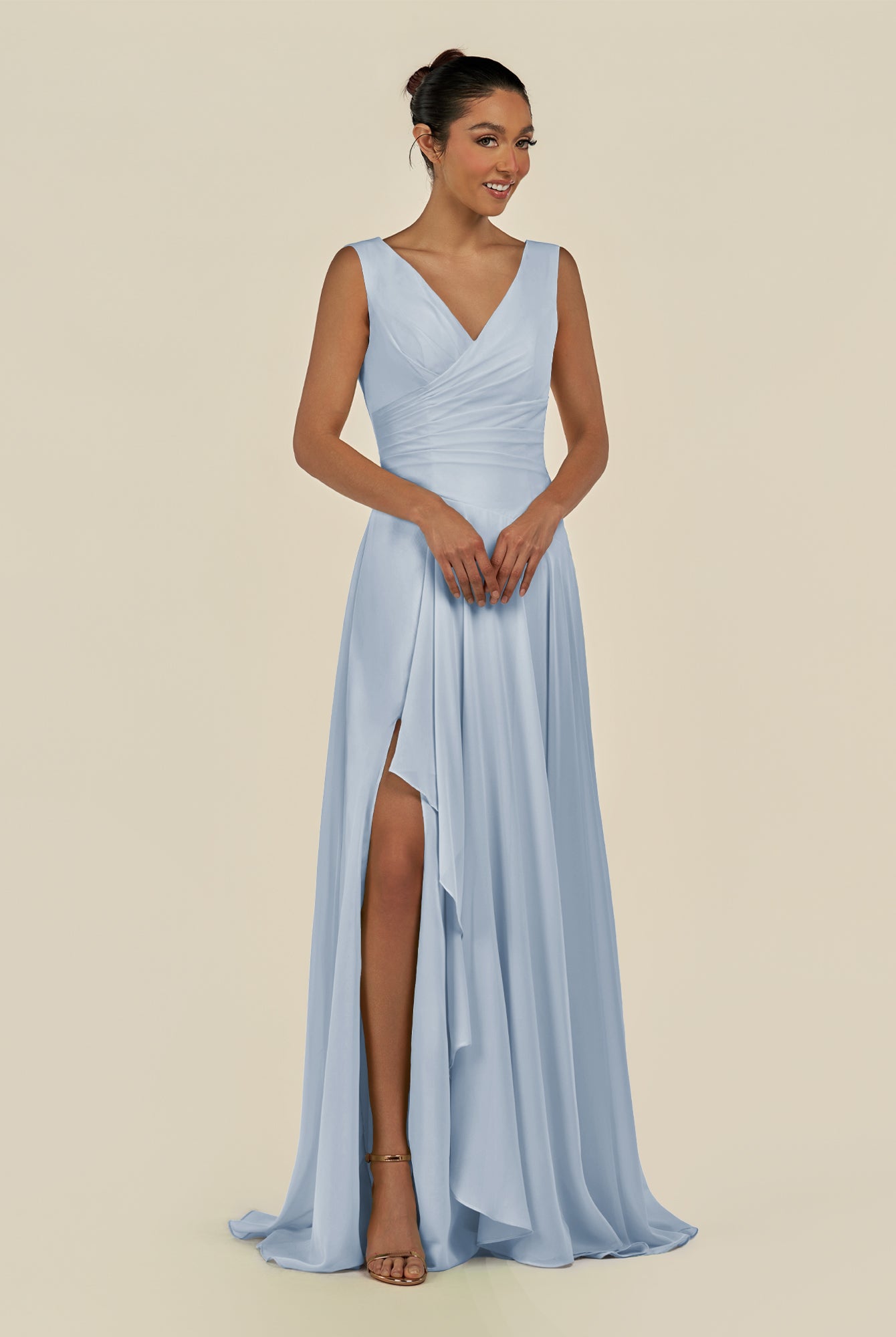 KissDress-Saphir Ice A Line Chiffon V Neck Ruched Long Bridesmaid Dress with Slit