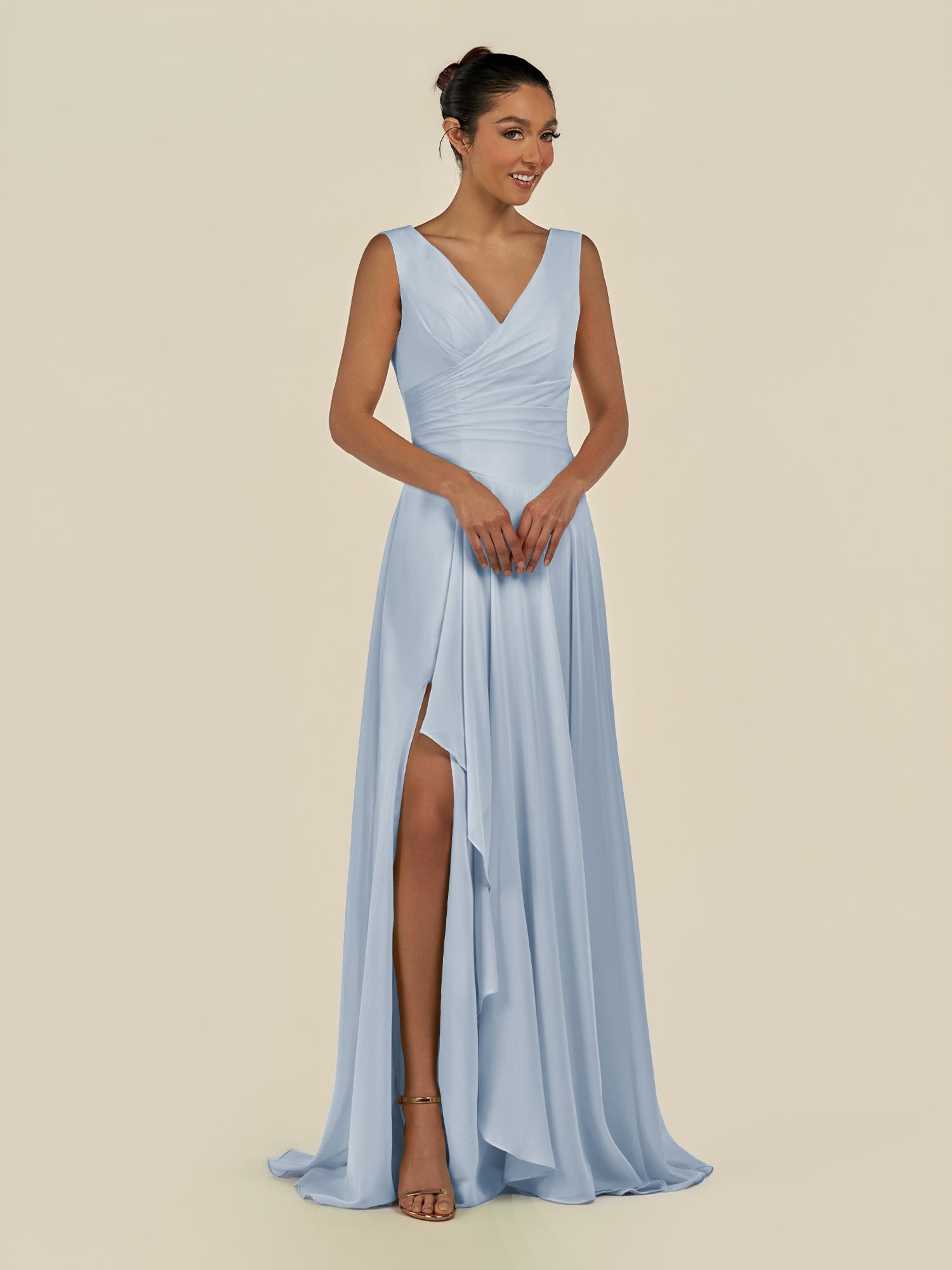 KissDress-Saphir Ice A Line Chiffon V Neck Ruched Long Bridesmaid Dress with Slit
