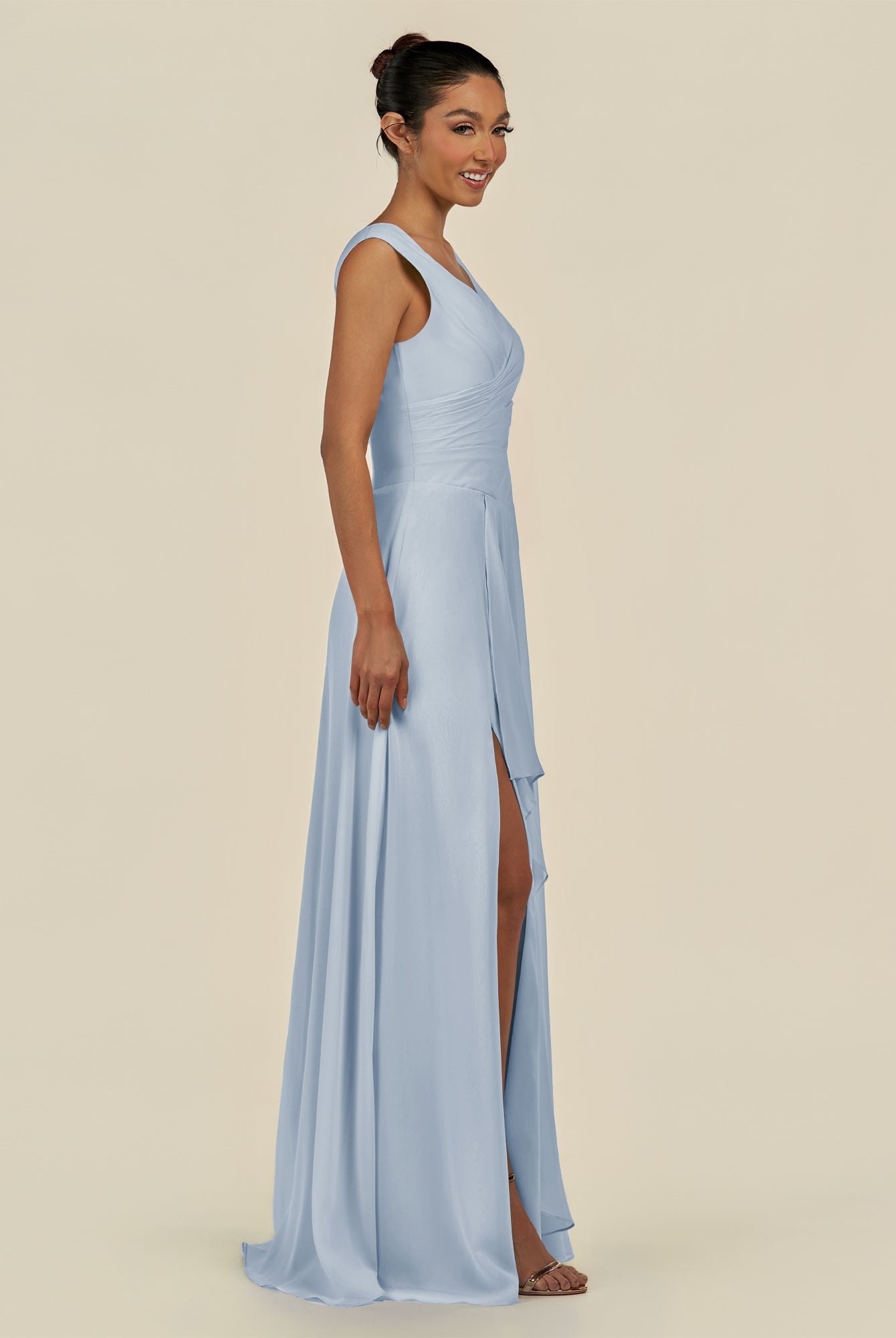 KissDress-Saphir Ice A Line Chiffon V Neck Ruched Long Bridesmaid Dress with Slit