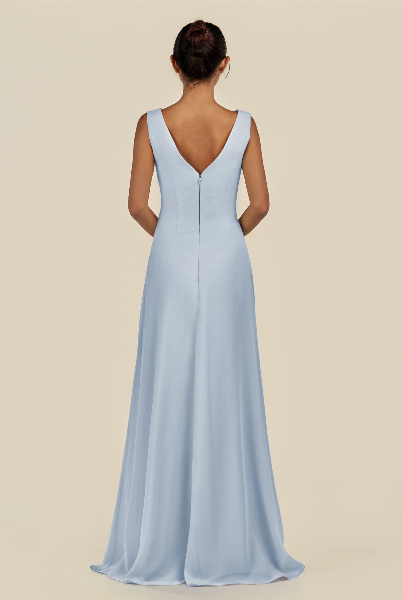 KissDress-Saphir Ice A Line Chiffon V Neck Ruched Long Bridesmaid Dress with Slit