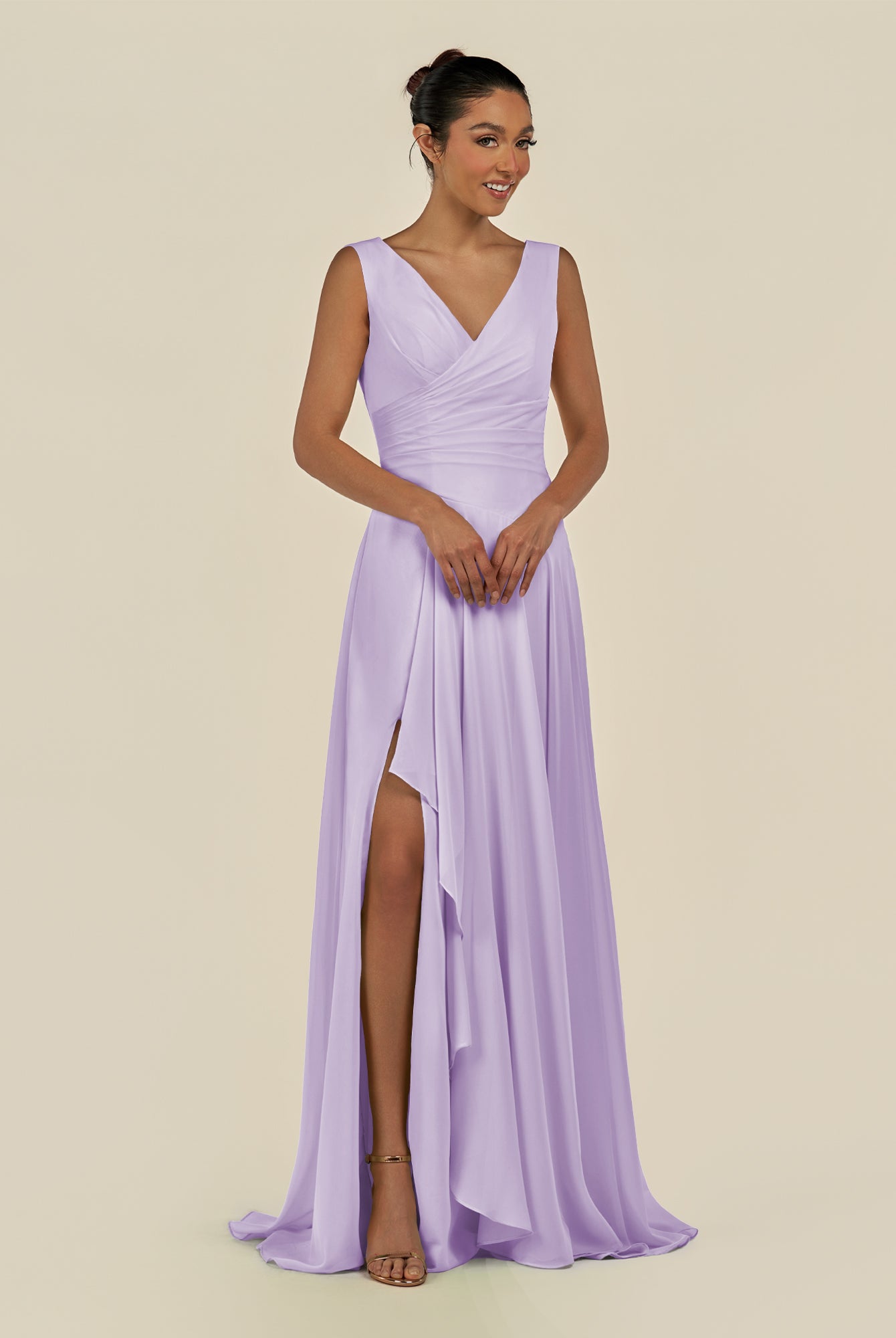 KissDress-Saphir Lavender A Line Chiffon V Neck Ruched Long Bridesmaid Dress with Slit