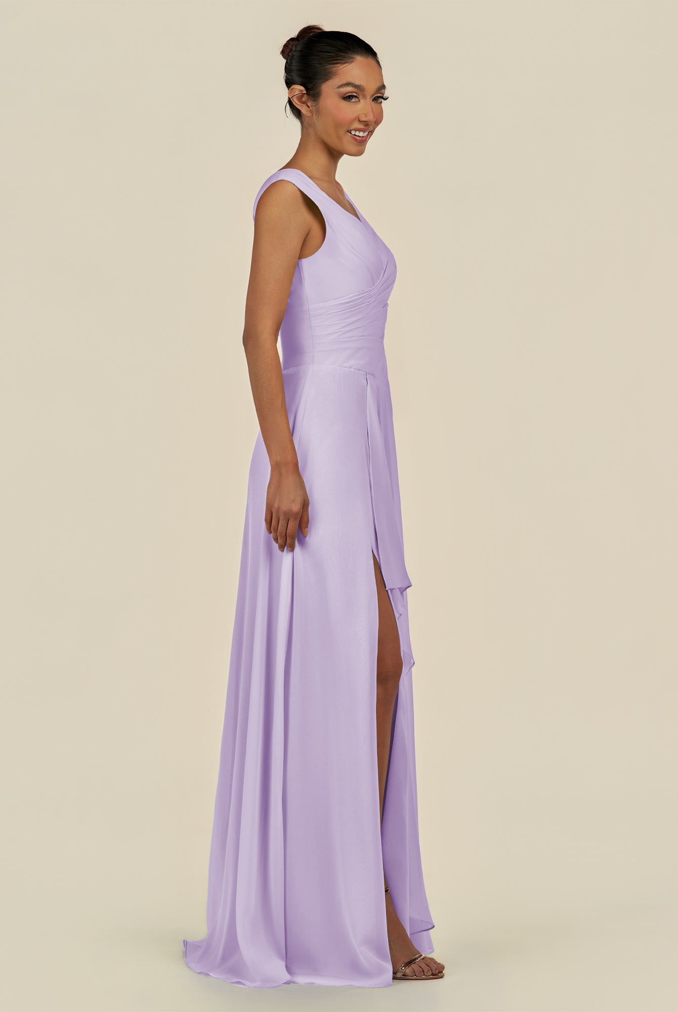 KissDress-Saphir Lavender A Line Chiffon V Neck Ruched Long Bridesmaid Dress with Slit