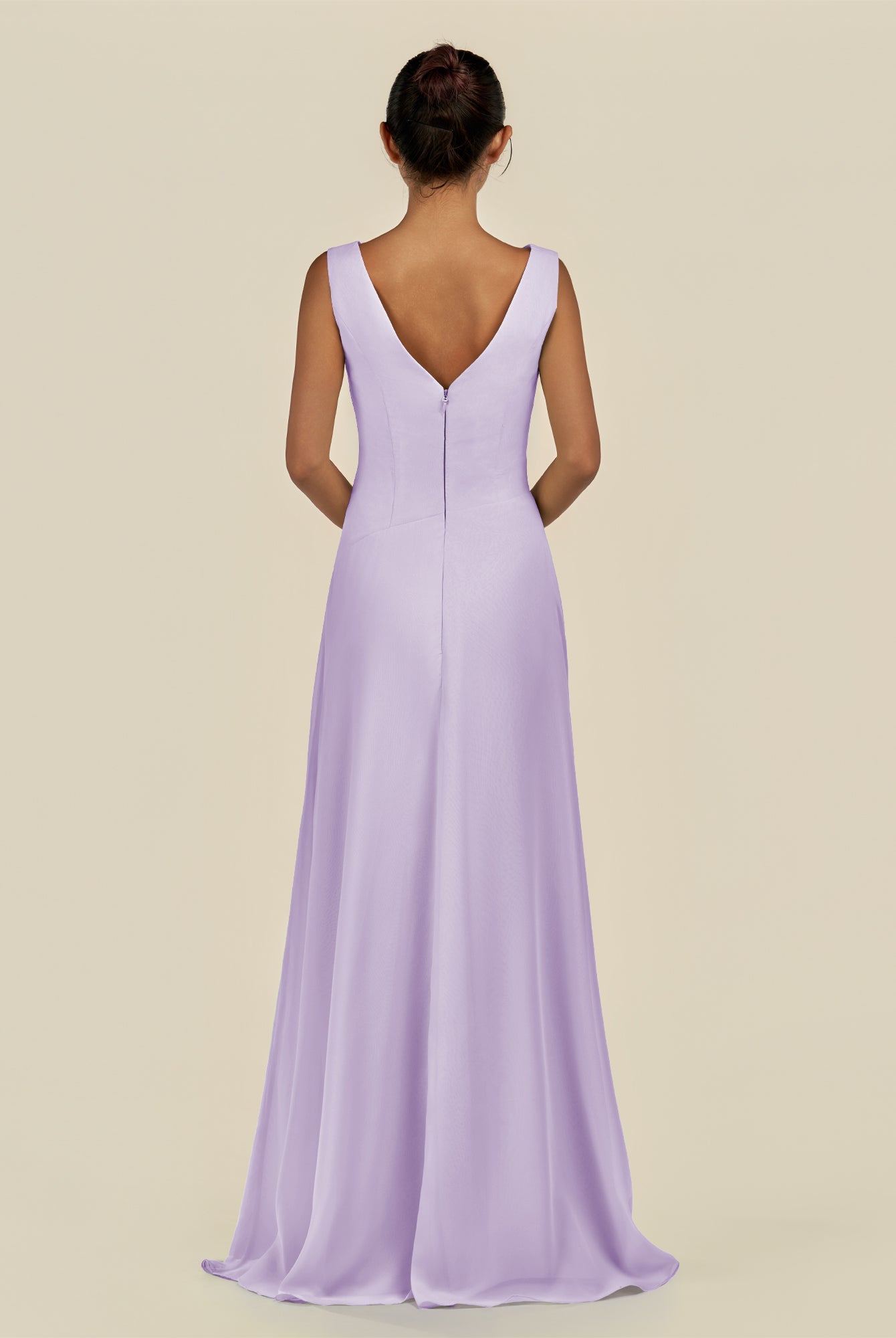 KissDress-Saphir Lavender A Line Chiffon V Neck Ruched Long Bridesmaid Dress with Slit