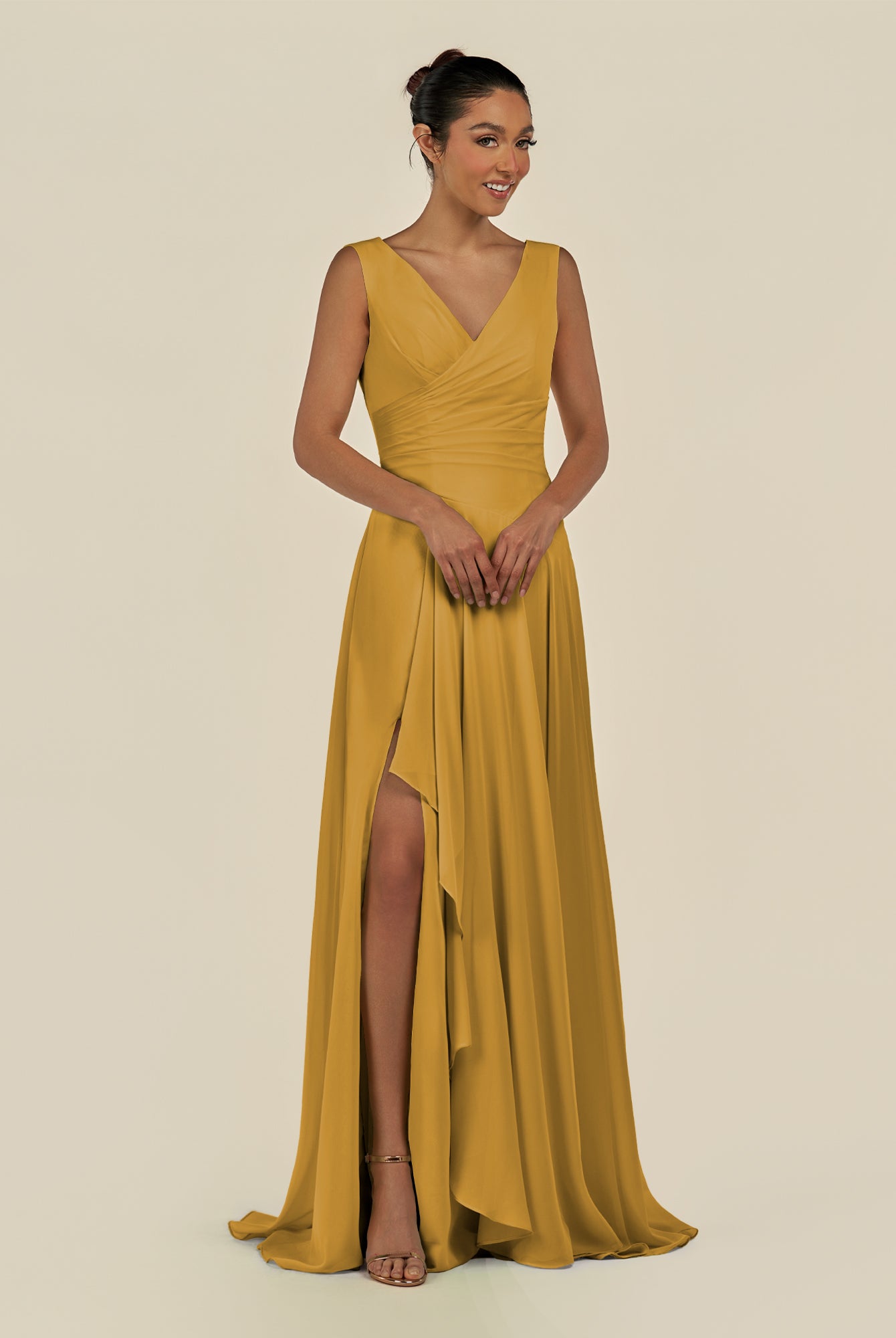 KissDress-Saphir Marigold A Line Chiffon V Neck Ruched Long Bridesmaid Dress with Slit