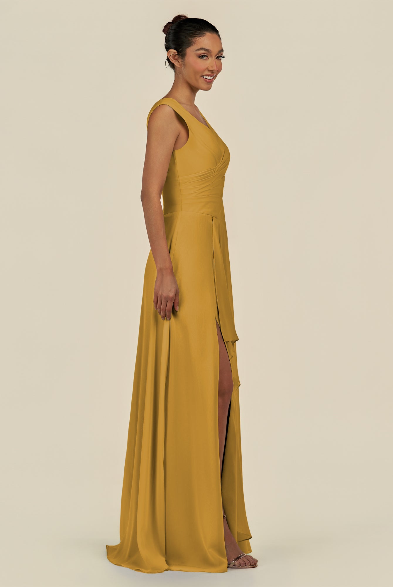 KissDress-Saphir Marigold A Line Chiffon V Neck Ruched Long Bridesmaid Dress with Slit