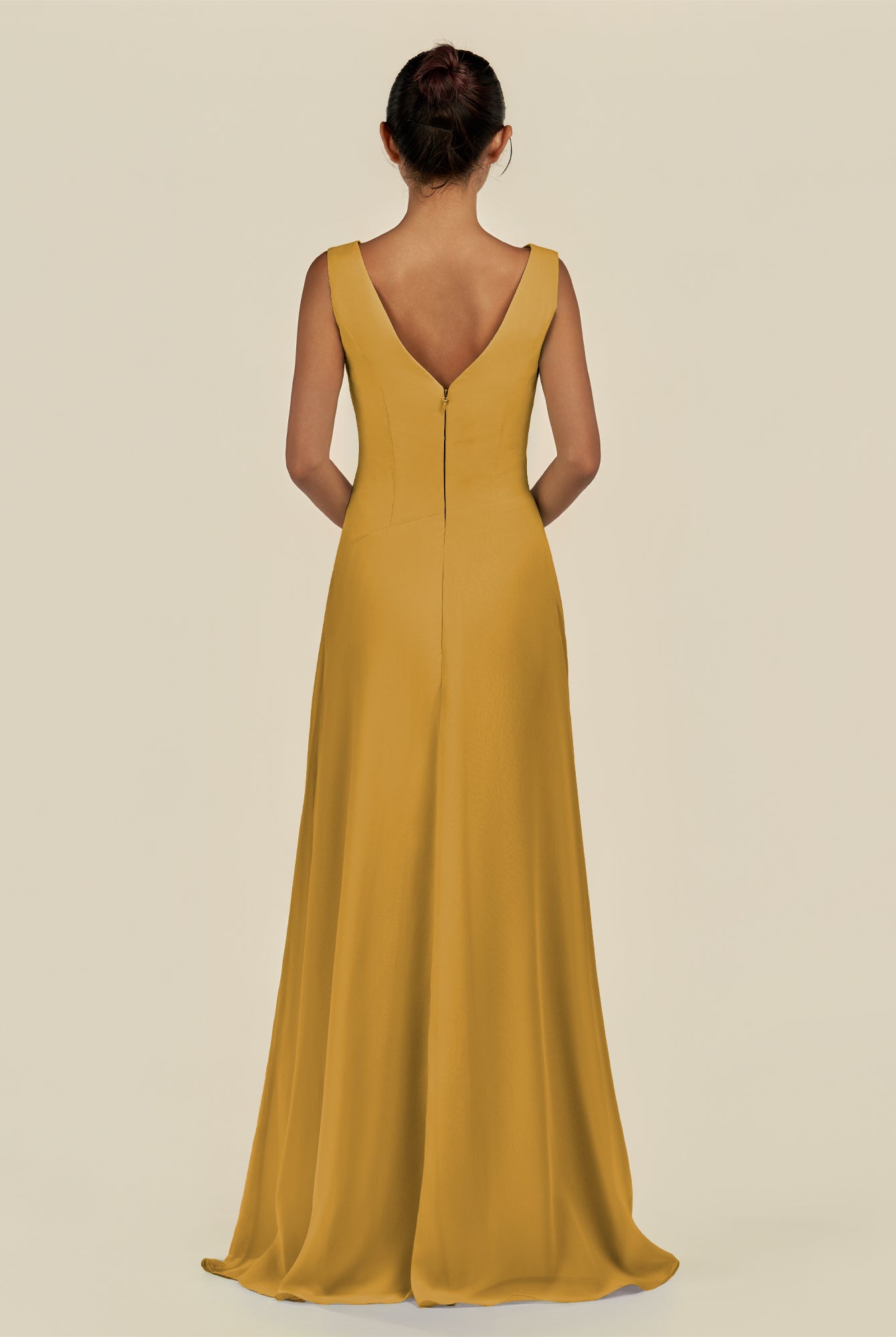 KissDress-Saphir Marigold A Line Chiffon V Neck Ruched Long Bridesmaid Dress with Slit