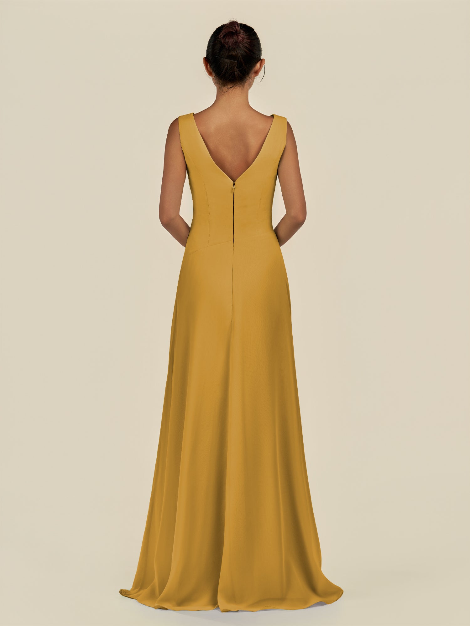KissDress-Saphir Marigold A Line Chiffon V Neck Ruched Long Bridesmaid Dress with Slit